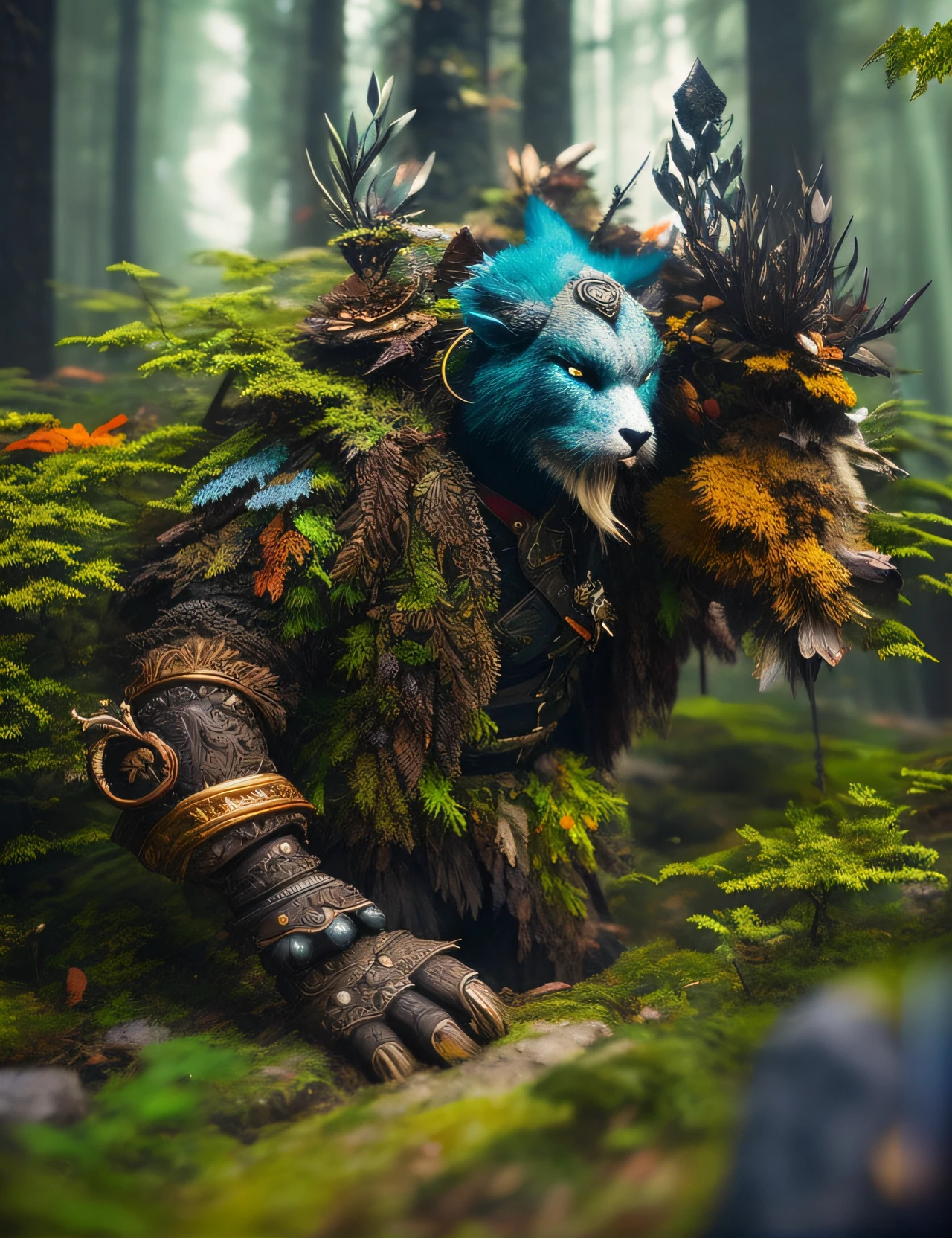 there is a blue furry animal with feathers on its head, furry fantasy art, wearing intricate fur armor, hyperdetailed fantasy character, redwood forest themed armor, furry character, forest spirit, furry character portrait, dramatic cinematic detailed fur, portrait of a forest mage, portrait of a gnoll, a druid, female orc forest druid, gnoll, fantasy character photo