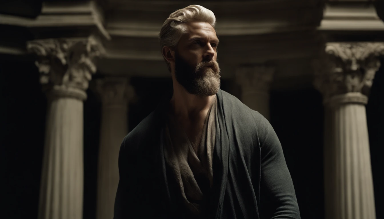 A white marble statue of a muscle, Bearded man with a stern look in a dark square at night, in the style of photographers Annie Leibovitz and Peter Lindbergh.