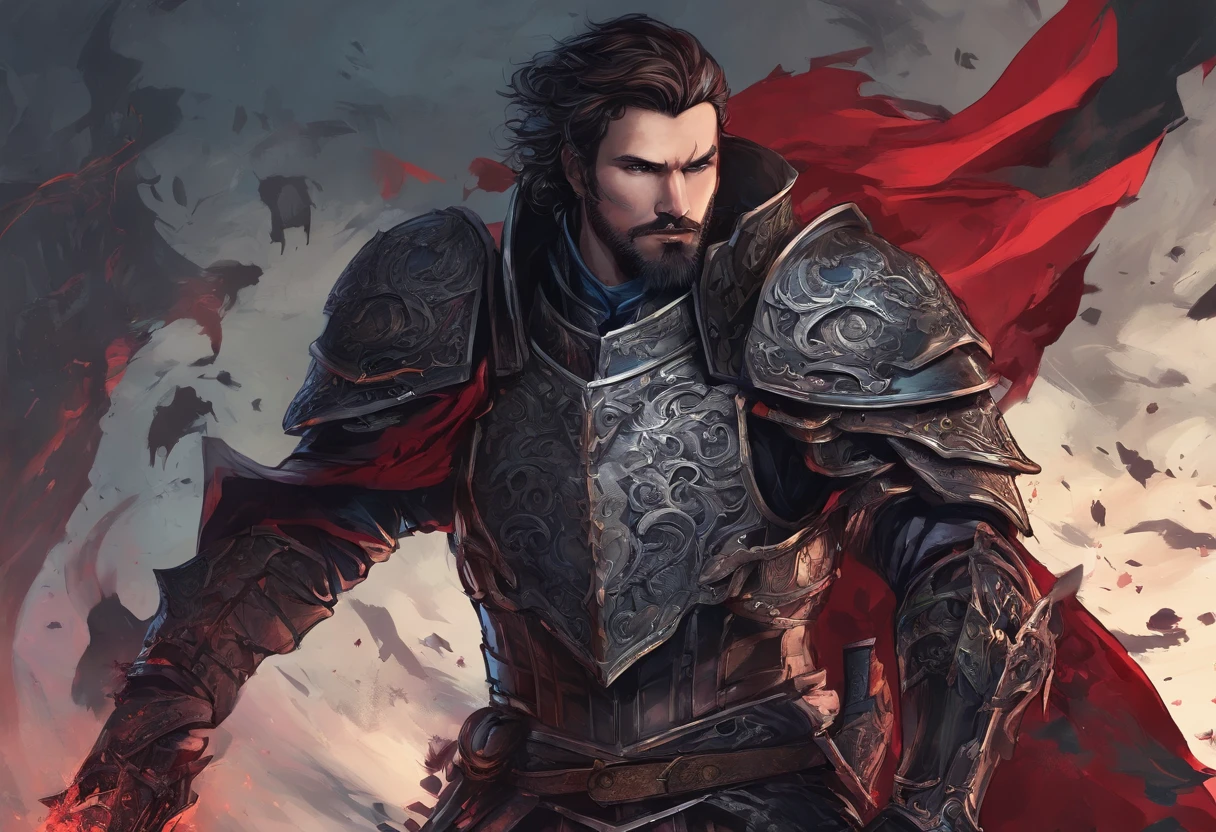 man with short beard, epic rpg portrait, fantasy male portrait, rpg portrait concept art, male warrior, fantasy concept art portrait, epic portrait illustration, detailed character portrait, one human warrior, big black armor with details red, full armor, blue eyes, short hair, brown hair, dungeons and dragons character, detailed hands, cape, High Detail, blood spatter