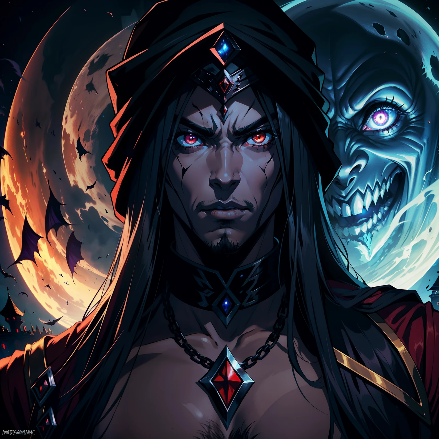 Castlevania Lord of Shadows Arabian with Arabian moroccan turban scary Legendary face fiercehyper realistic super detailed face portrait zoom sexy face sexy sexy eyes sexy mouth beautiful muscular man face red man shiny eyes scary demonic crystal appearing from the infernal moon hyper realistic super detailed dynamic shot master cinematic scene scenes legendary epic movie