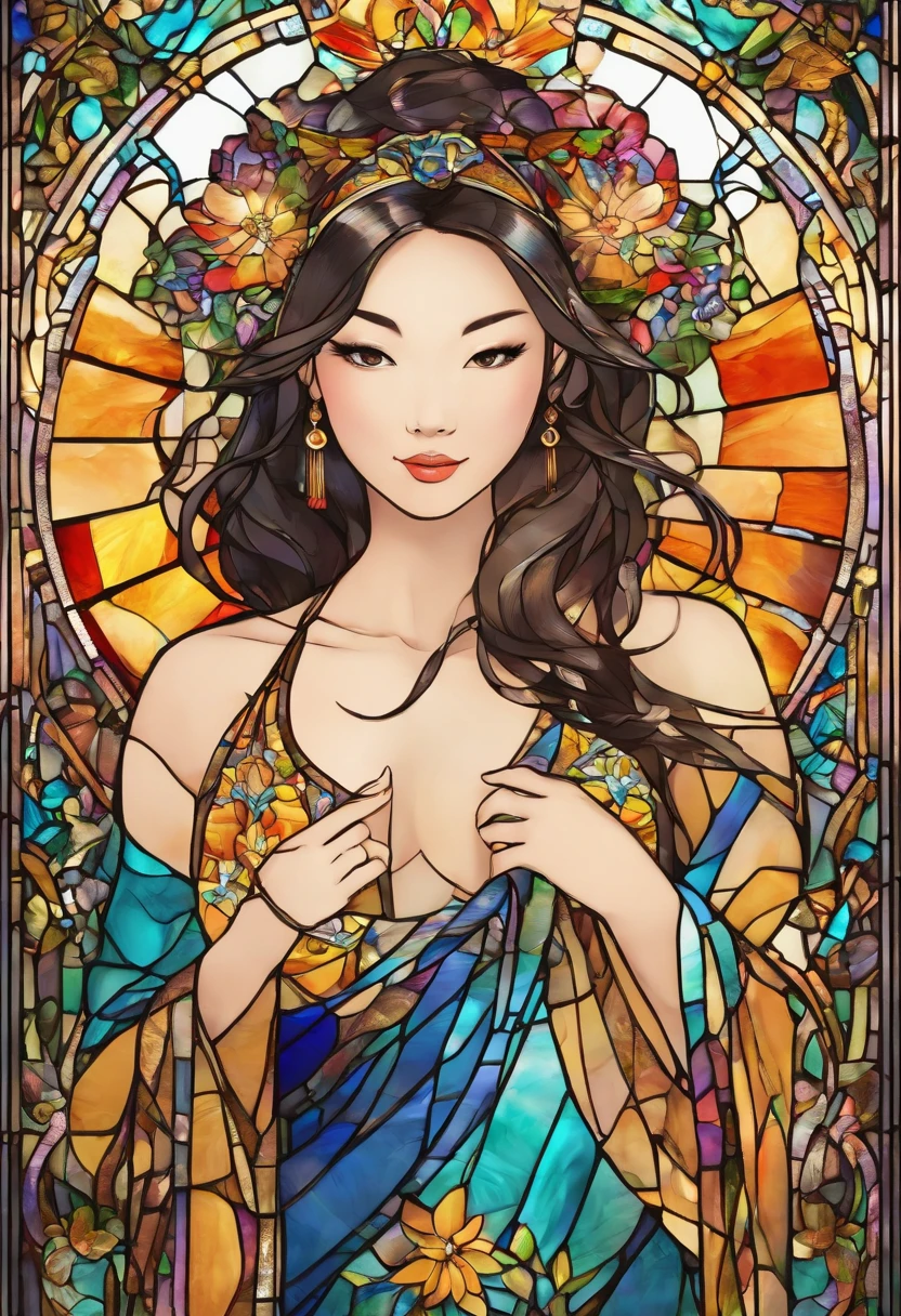 Asian Beautiful girl, Stained Glass, NAKED, best quality, masterpiece, ultra high resolution, (photorealistic:1.4), raw photo, shiny skin, BRIGHT BODY, dramatic lighting, full body, big breasts, exposed breasts, different positions , different poses, different variations