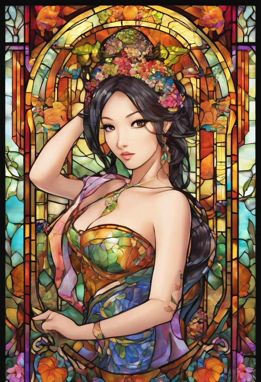 Asian Beautiful girl, Stained Glass, NAKED, best quality, masterpiece, ultra high resolution, (photorealistic:1.4), raw photo, shiny skin, BRIGHT BODY, dramatic lighting, full body, big breasts, exposed breasts, different positions , different poses, different variations