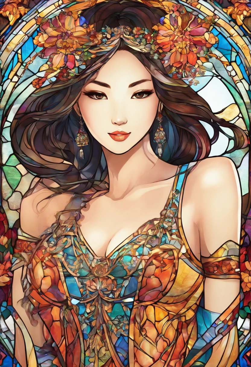 Asian Beautiful girl, Stained Glass, NAKED, best quality, masterpiece, ultra high resolution, (photorealistic:1.4), raw photo, shiny skin, BRIGHT BODY, dramatic lighting, full body, big breasts, exposed breasts, different positions , different poses, different variations