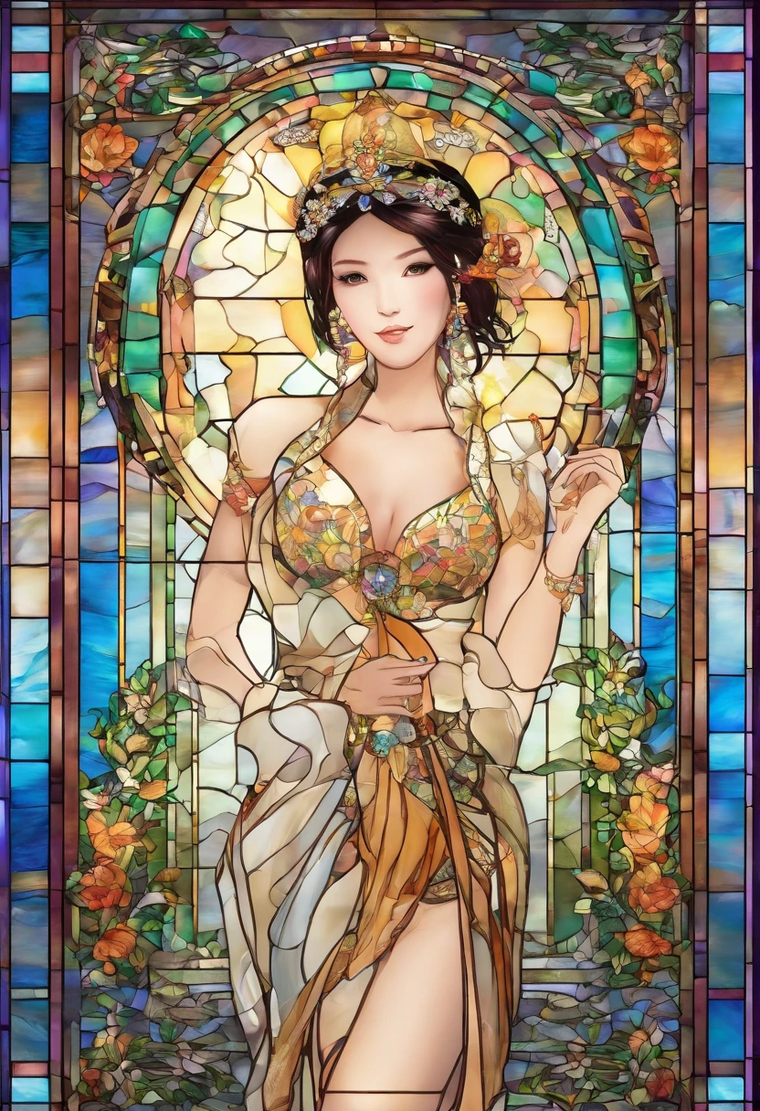 Asian Beautiful girl, Stained Glass, NAKED, best quality, masterpiece, ultra high resolution, (photorealistic:1.4), raw photo, shiny skin, BRIGHT BODY, dramatic lighting, full body, big breasts, exposed breasts, different positions , different poses, different variations