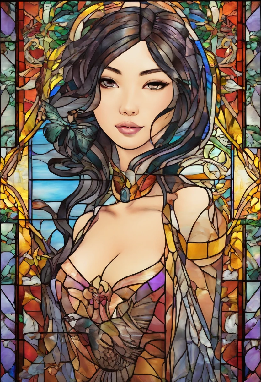 Asian Beautiful girl, Stained Glass, NAKED, best quality, masterpiece, ultra high resolution, (photorealistic:1.4), raw photo, shiny skin, BRIGHT BODY, dramatic lighting, full body, big breasts, exposed breasts, different positions , different poses, different variations