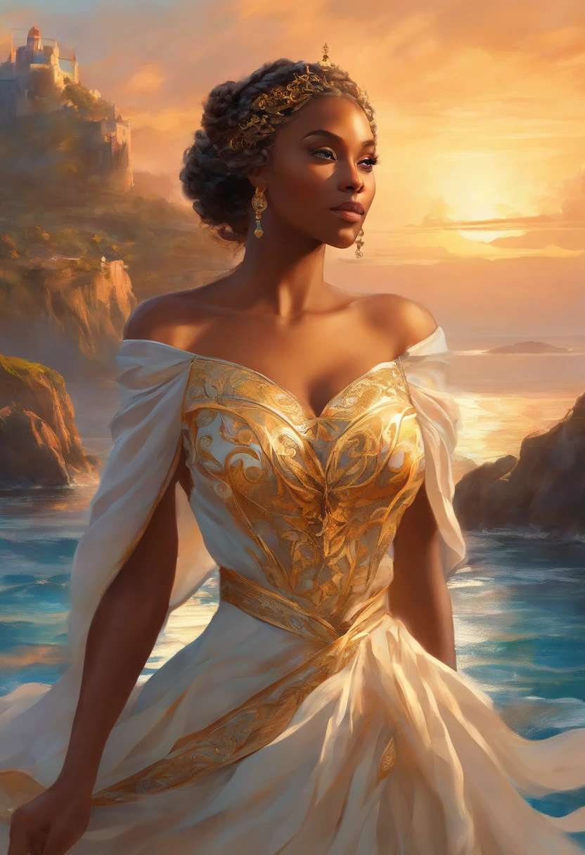 chimamanda skin, detailed beautiful woman, golden hair, medium, wavy, windy hair in a loose bun, detaiiled perfect dark blue eyes, delicate symmetric realistic and beautiful face, (sunny seaside background), regency lady dress, fairy, full body, masterpiece, fine detail, rich colors, dramatic lighting, extremely detailed, cinematic lighting hyperdetailed painting, luminism, Bar lighting, complex, 4k resolution concept art portrait by Greg Rutkowski, Artgerm, WLOP, Alphonse Mucha, little fusion pojatti realistic goth: a stunning realistic photograph 20 years