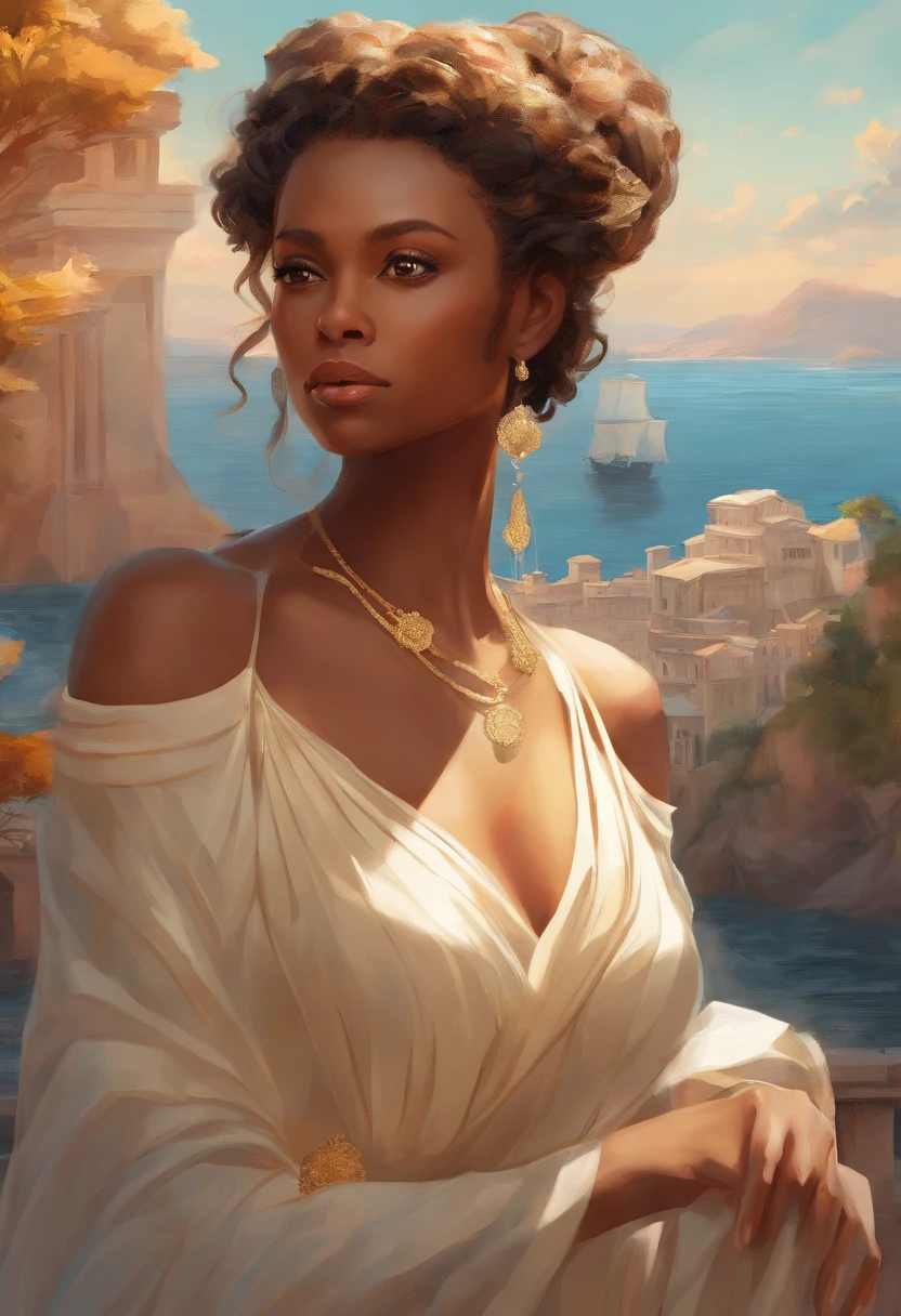 chimamanda skin, detailed beautiful woman, golden hair, medium, wavy, windy hair in a loose bun, detaiiled perfect dark blue eyes, delicate symmetric realistic and beautiful face, (sunny seaside background), regency lady dress, fairy, full body, masterpiece, fine detail, rich colors, dramatic lighting, extremely detailed, cinematic lighting hyperdetailed painting, luminism, Bar lighting, complex, 4k resolution concept art portrait by Greg Rutkowski, Artgerm, WLOP, Alphonse Mucha, little fusion pojatti realistic goth: a stunning realistic photograph 20 years