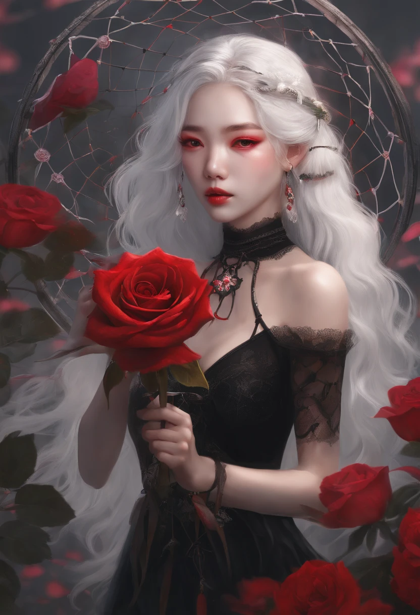 (best quality, masterpiece), (1girl, solo, black dress, standing , looking at viewer, white hair, red eyes, holding rose, closed mouth, upper body), (red dreamcatcher behind, red flower, ) black pink jennie kim, naked