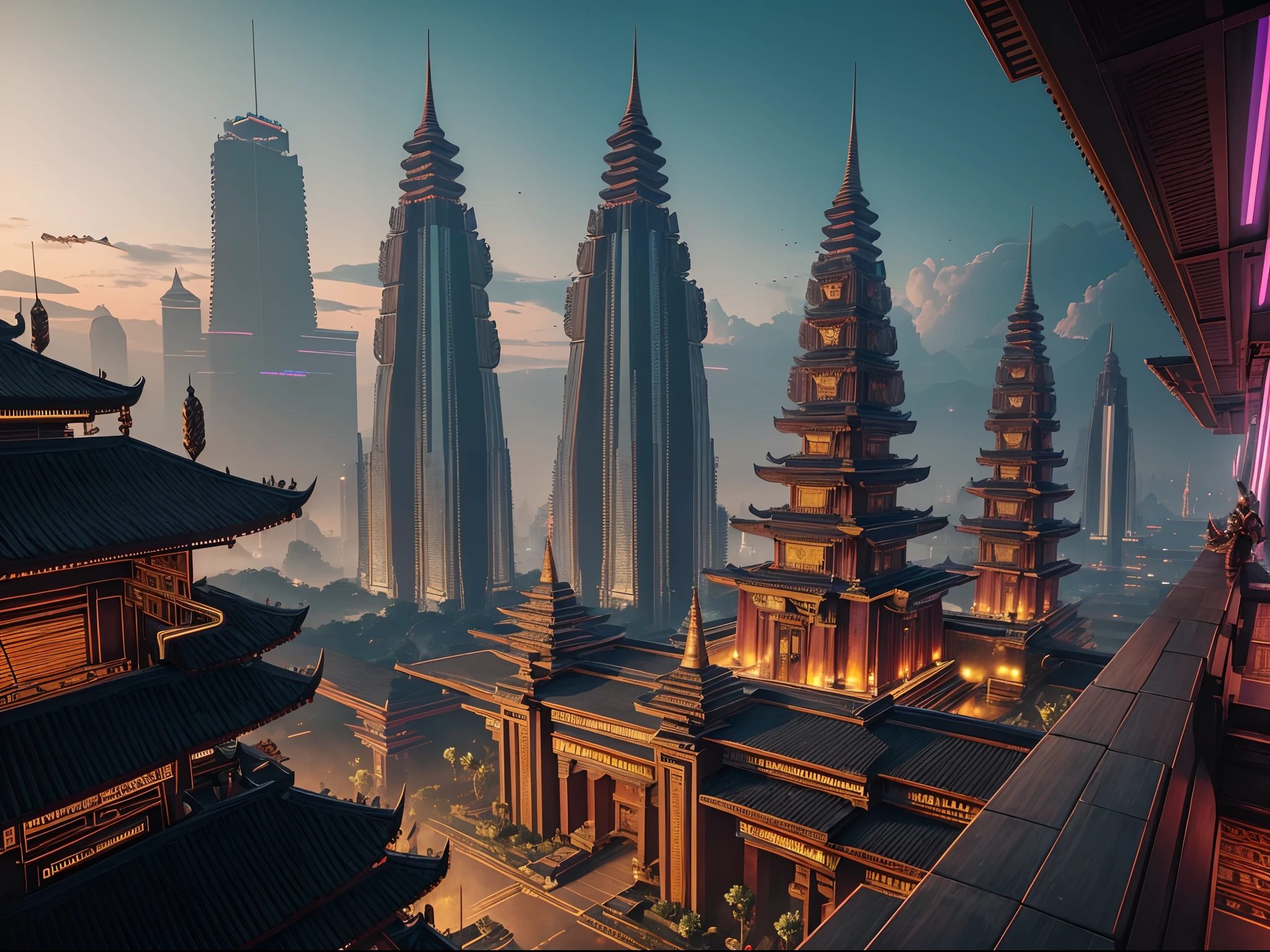 (masterpiece), (Majapahit), (kingdom), (Java), (cyberpunk), The Great Majapahit Empire in the Future, advanced technology, Cyberpunk Style, Mix of Traditional and Modern Futuristic, High detailed, hyper realistic, View of a Great Kingdom, Buildings with neon lights, flying vehicle, Javanese tradition mixed with modern technology, photorealism, 8k HD