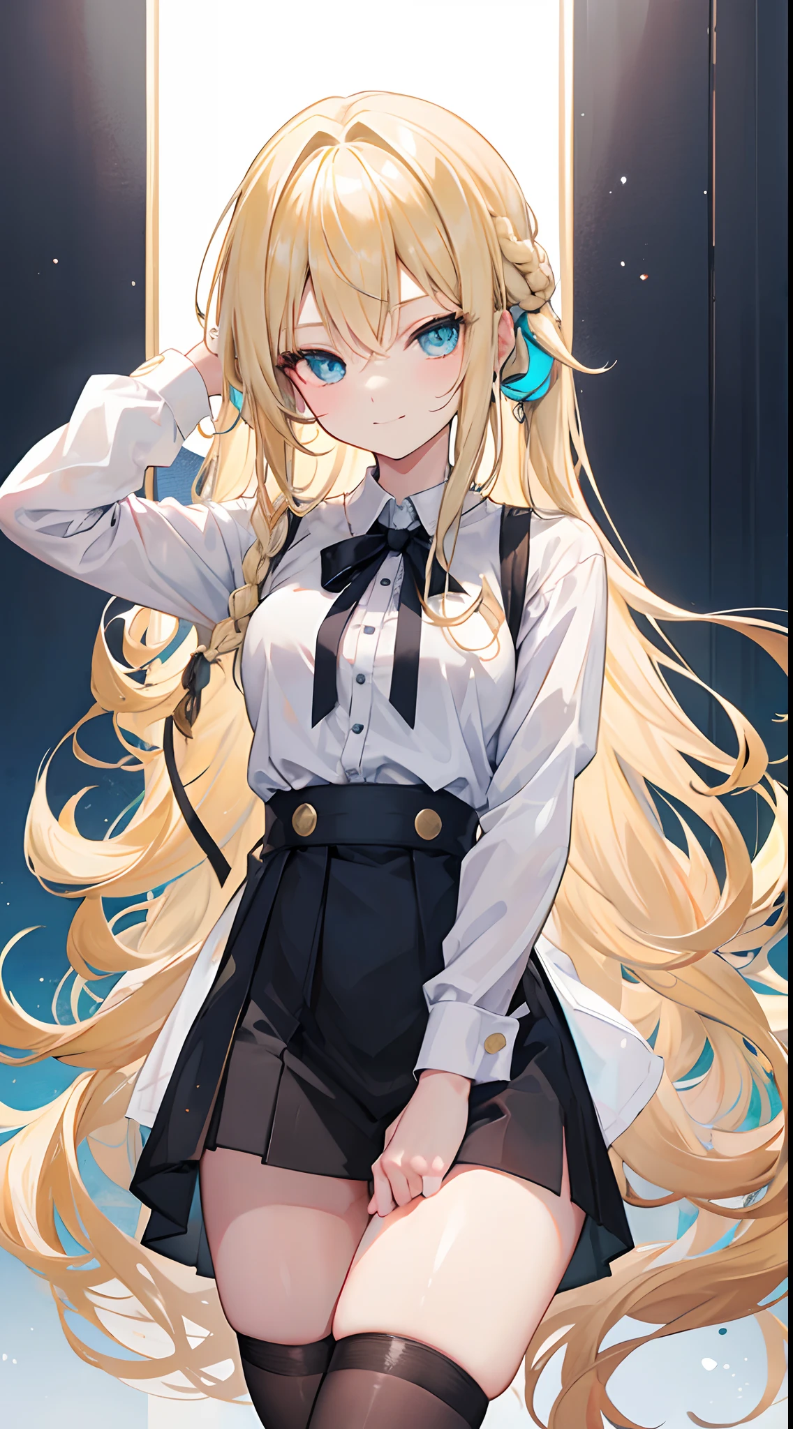 18-year-old blonde, Turquoise eyes, long-haired,Braid left and right, Wear a long white shirt.......button up.  , No pants..., Wear black stockings......, Show off your legs..........With a slightly smiling face.......