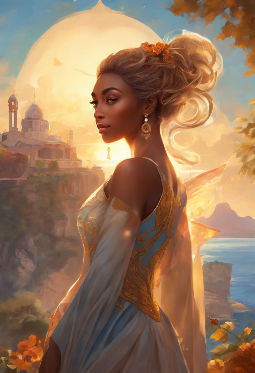 chimamanda skin, detailed beautiful woman, golden hair, medium, wavy, windy hair in a loose bun, detaiiled perfect dark blue eyes, delicate symmetric realistic and beautiful face, (sunny seaside background), regency lady dress, fairy, full body, masterpiece, fine detail, rich colors, dramatic lighting, extremely detailed, cinematic lighting hyperdetailed painting, luminism, Bar lighting, complex, 4k resolution concept art portrait by Greg Rutkowski, Artgerm, WLOP, Alphonse Mucha, little fusion pojatti realistic goth: a stunning realistic photograph 20 years