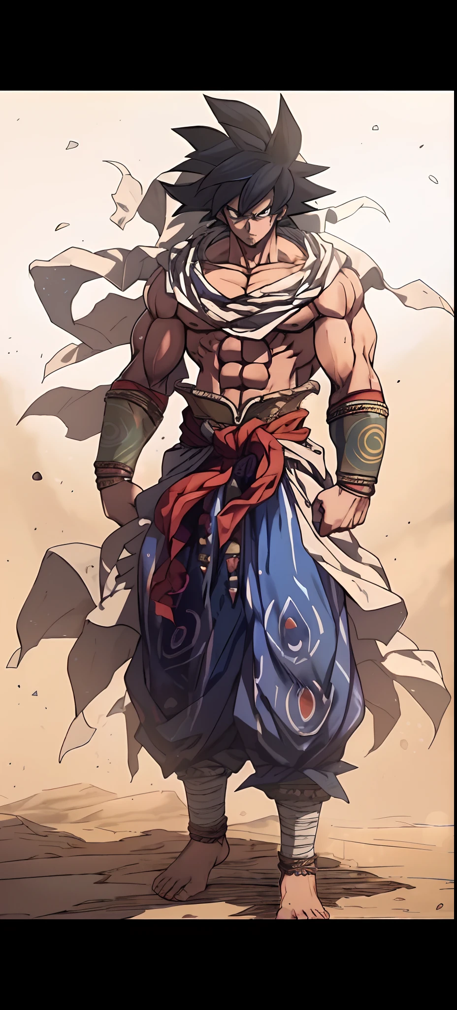 a cartoon of a man with a blue outfit, desert fighter ancient mage, handsome prince of persia, broly, muscular character, djinn human hybrid, anime character, gentleman, powerful stance, human goku, handsome guy in demon slayer art, muscular male hero, powerful warrior, arabian samurai, highly detailed anime character art, detailed body, detailed face, detailed eyes