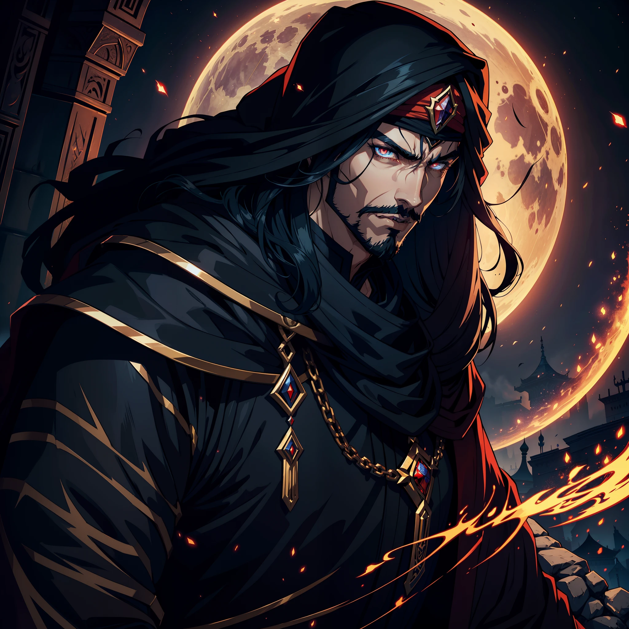 Castlevania Lord of Shadows Handsome Arab Man with Moroccan Arabic Turban Scary Legendary Face Ferochyper Realistic Super Detailed Face Portrait Zoom Sexy Face Sexy Sexy Sexy Eyes Mouth Beautiful Muscular Man Red Face Man Shiny Eyes Scary Eyes Demonic Crystal Appearing From Infernal Moon Hyper Realistic Super Detailed Dynamic Shot Master Cinematic Scene Scenes Legendary Epic Movie