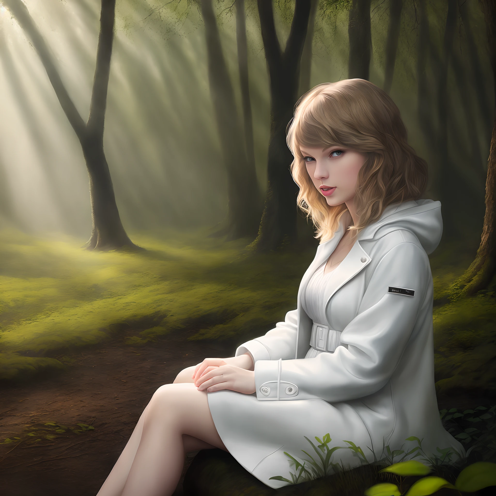 Uma pintura digital realista em preto e branco de (Taylor Swift:1.0), em uma grande floresta iluminada pela luz do sol poente. Wearing a medium dress with a classic white coat (Sitting on the forest floor)