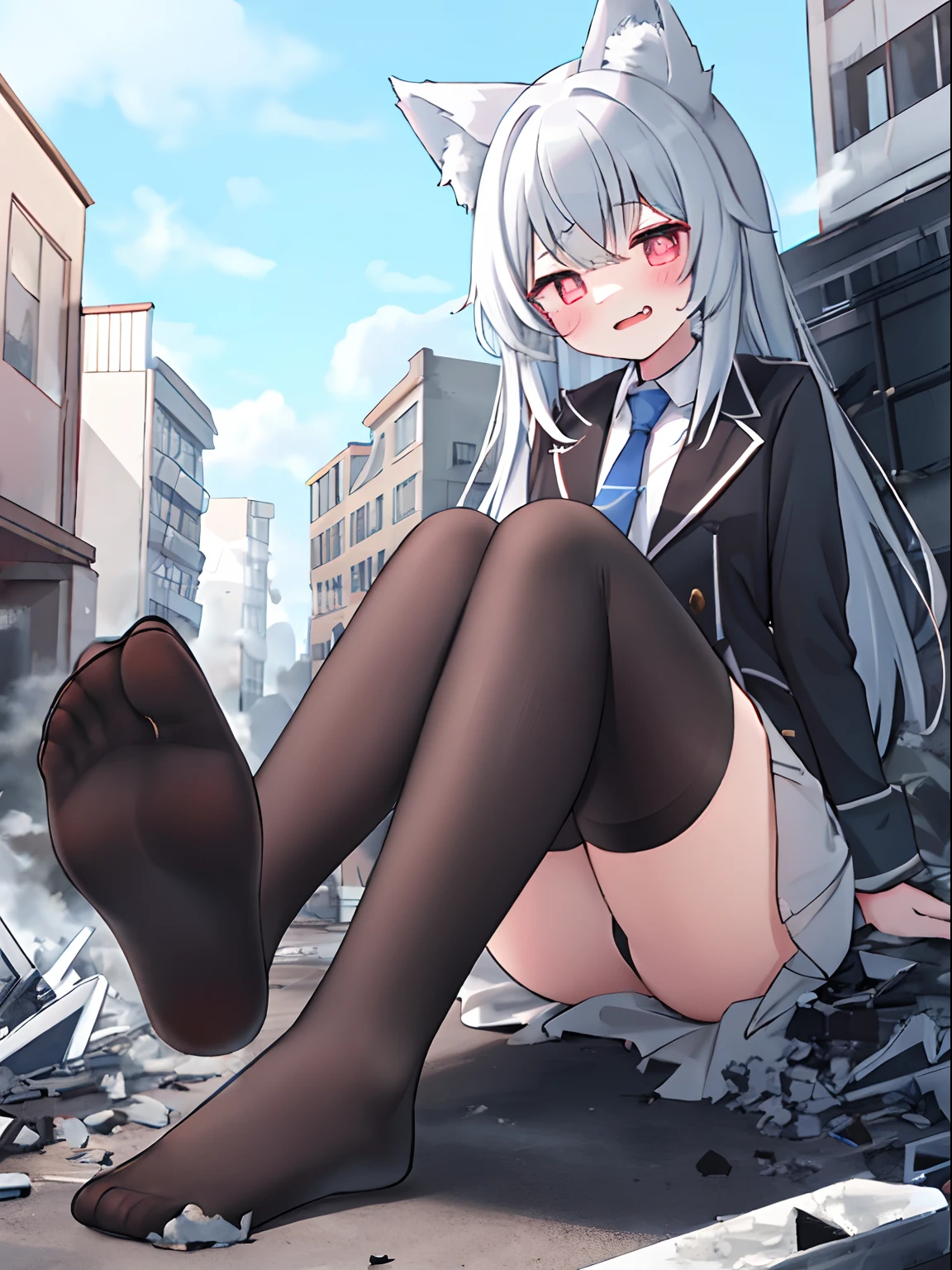 Girl, , full bodyesbian, Bigger than the building,No shoes，{Black stockings}，Black jacket with white shirt ，Blue tie，Dark gray hair，Wolf ears，Light red eyes，A cold expression， Destroyed buildings, Sitting on a destroyed building，GTSCity, As a giantess, Bright pupils, Smile, Naughty face, 16k, High quality, High details, Anatomically correct, Textured skin，The feet emit steam，Fleeing crowds，