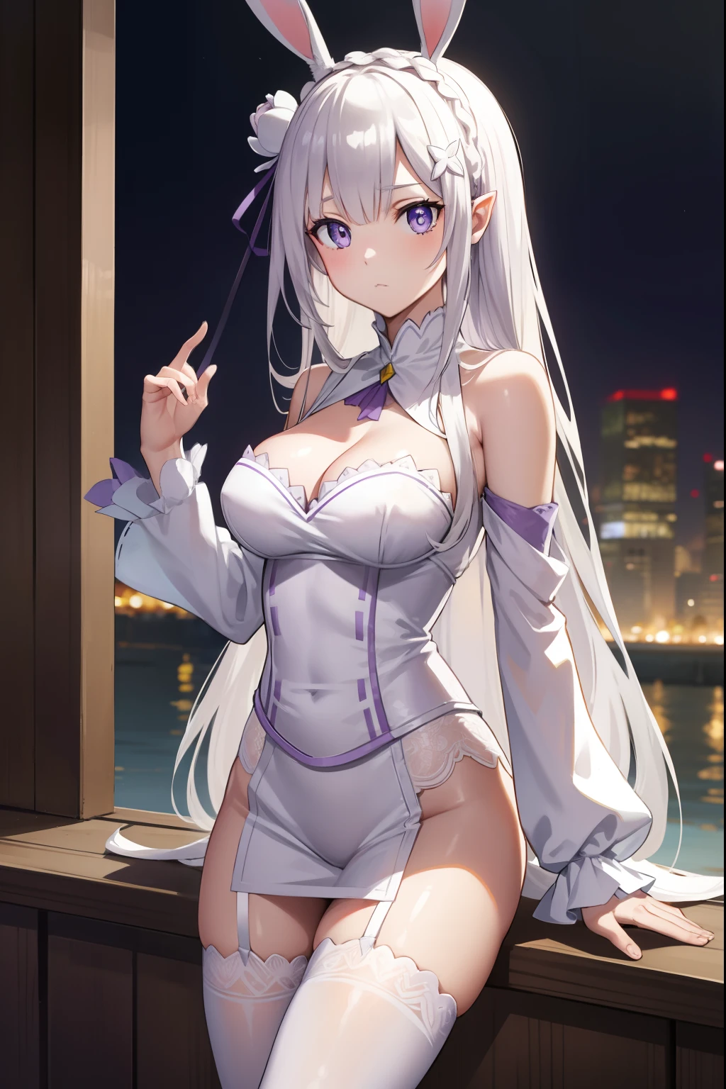 rezeroemilia, emilia, braid, crown braid, flower, hair flower, hair ornament, hair ribbon, long hair, pointy ears, (purple eyes:1.2), white hair, x hair ornament,
BREAK white bunny suit, sexy, skin tight, medium breasts, cleavage, bunny ears, fishnets, garter straps, zettai ryouiki,
BREAK outdoors, city,
BREAK looking at viewer, cowboy shot, full body, BREAK (masterpiece:1.2), best quality, high resolution, unity 8k wallpaper, (illustration:0.8), (beautiful detailed eyes:1.6), extremely detailed face, perfect lighting, extremely detailed CG, (perfect hands, perfect anatomy),