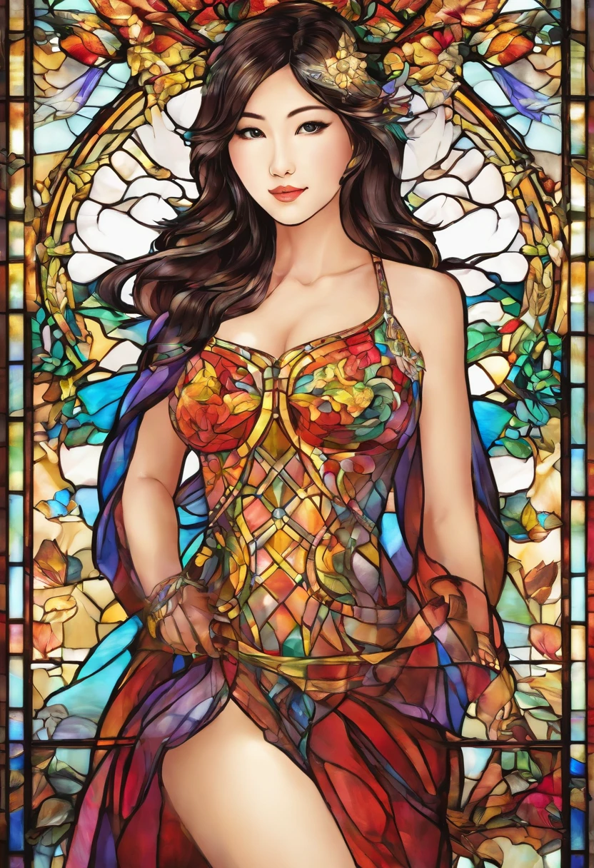 Asian Beautiful girl, Stained Glass, NAKED, best quality, masterpiece, ultra high resolution, (photorealistic:1.4), raw photo, shiny skin, BRIGHT BODY, dramatic lighting, full body, big breasts, exposed breasts, different positions , different poses, different variations
