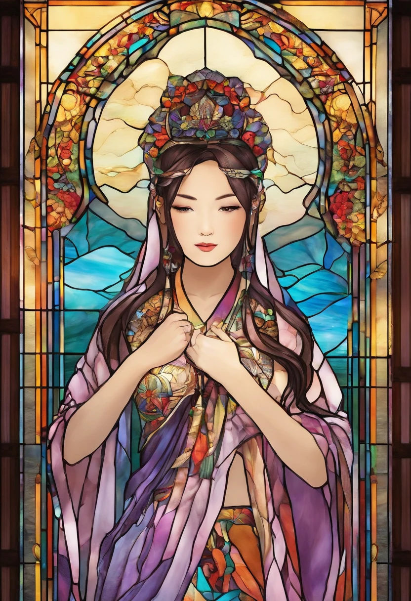 Asian Beautiful girl, Stained Glass, NAKED, best quality, masterpiece, ultra high resolution, (photorealistic:1.4), raw photo, shiny skin, BRIGHT BODY, dramatic lighting, full body, big breasts, exposed breasts, different positions , different poses, different variations