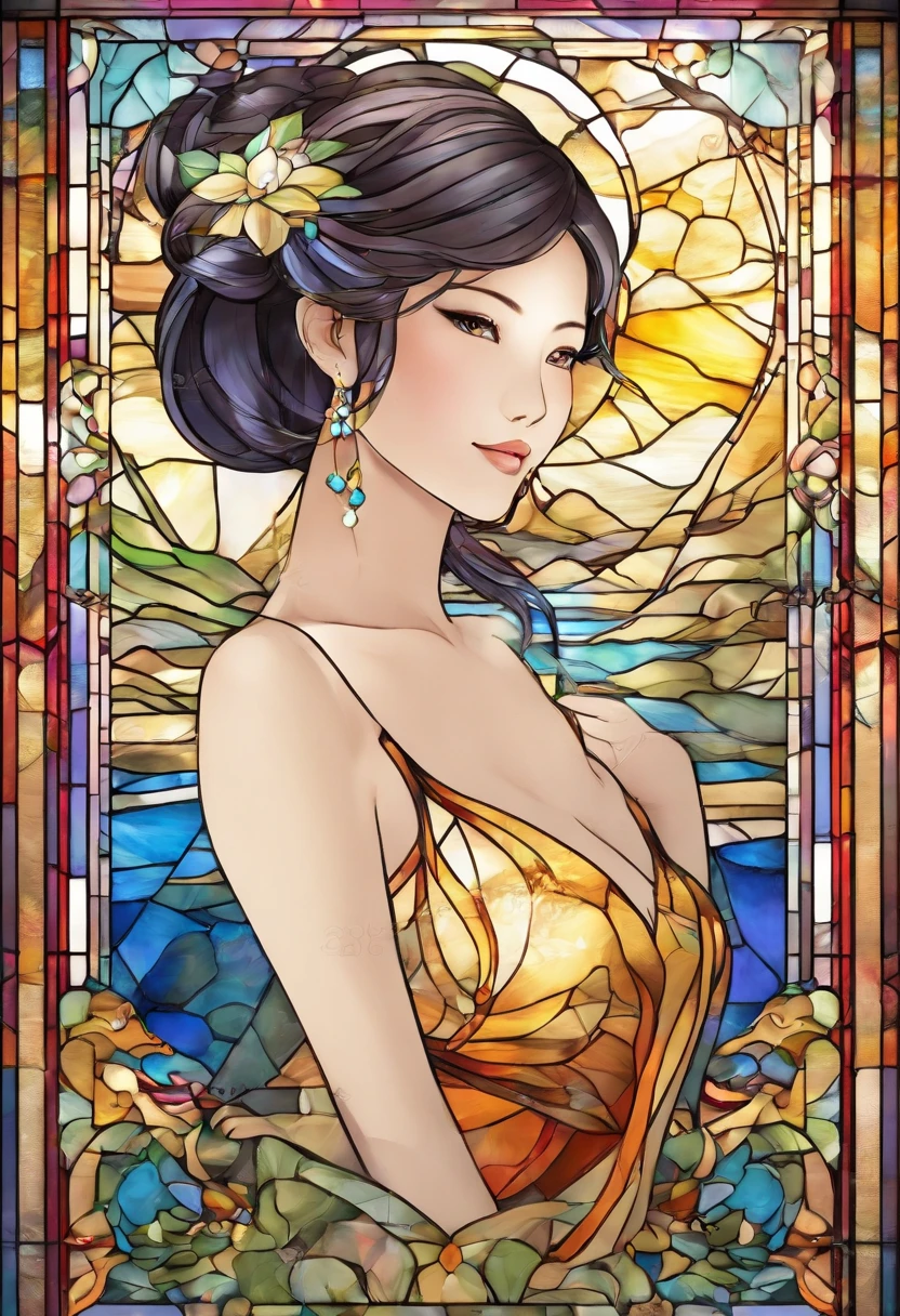 Asian Beautiful girl, Stained Glass, NAKED, best quality, masterpiece, ultra high resolution, (photorealistic:1.4), raw photo, shiny skin, BRIGHT BODY, dramatic lighting, full body, big breasts, exposed breasts, different positions , different poses, different variations