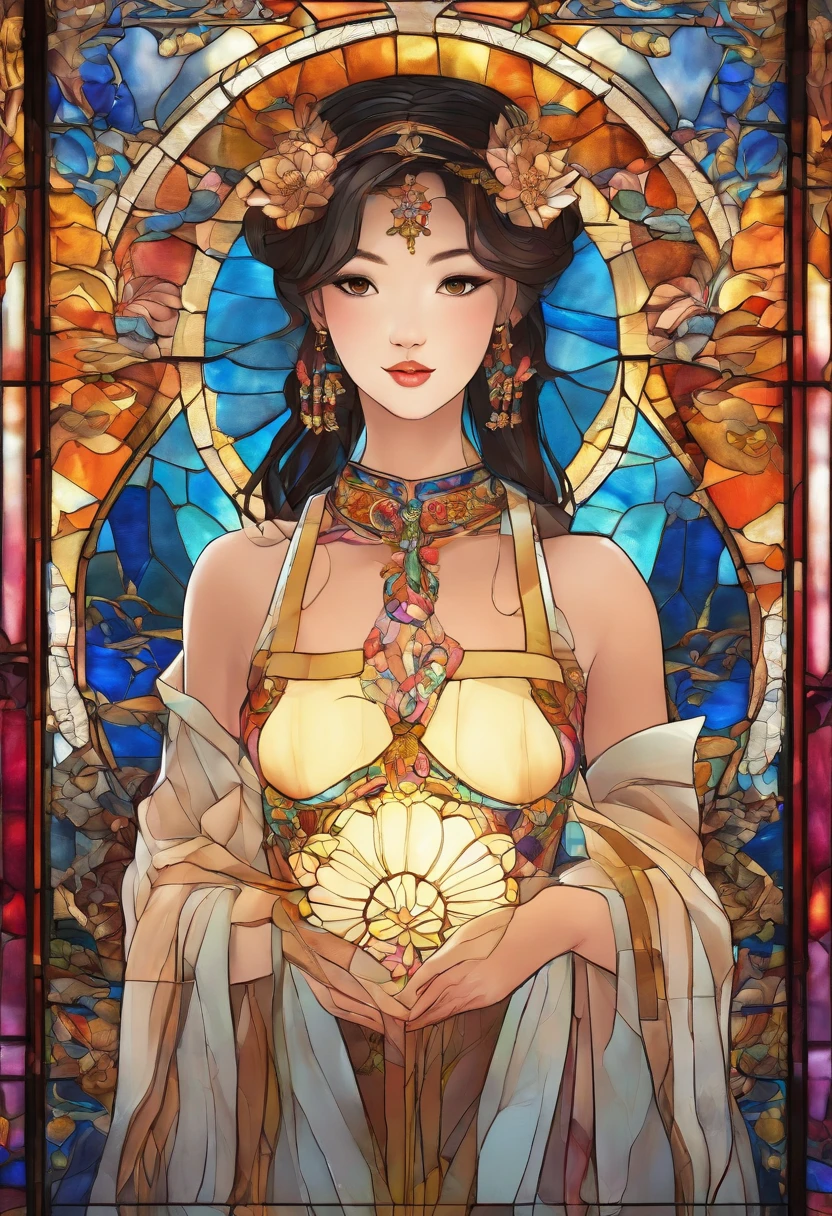 Asian Beautiful girl, Stained Glass, NAKED, best quality, masterpiece, ultra high resolution, (photorealistic:1.4), raw photo, shiny skin, BRIGHT BODY, dramatic lighting, full body, big breasts, exposed breasts, different positions , different poses, different variations