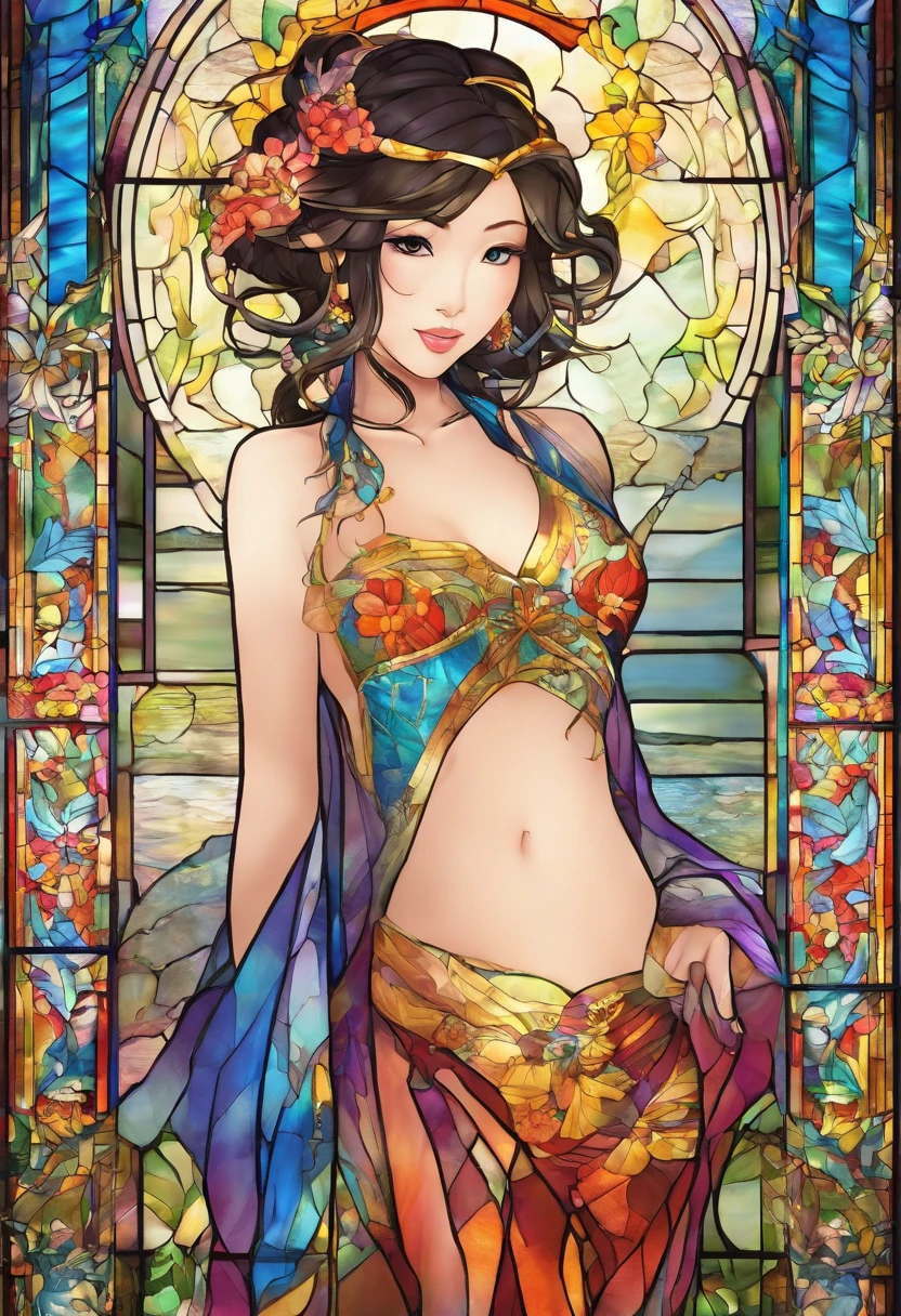 Asian Beautiful girl, Stained Glass, NAKED, best quality, masterpiece, ultra high resolution, (photorealistic:1.4), raw photo, shiny skin, BRIGHT BODY, dramatic lighting, full body, big breasts, exposed breasts, different positions , different poses, different variations