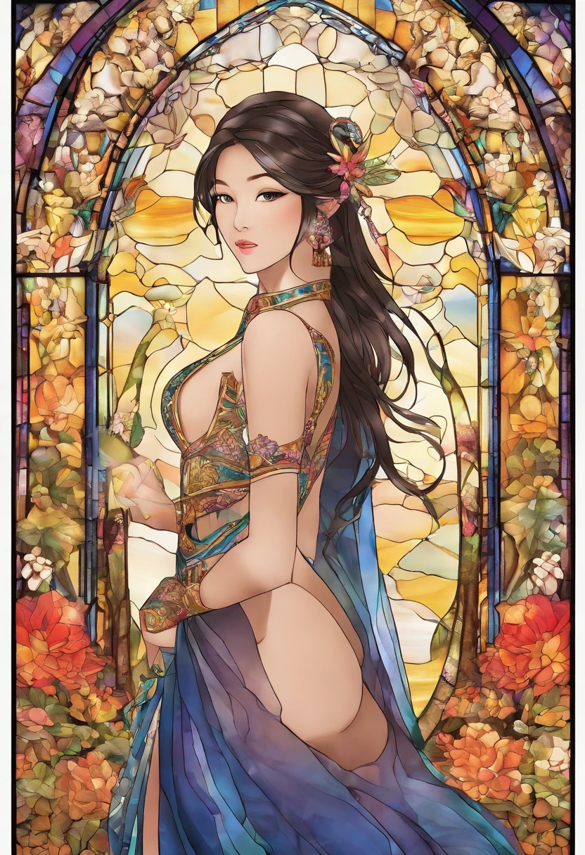 Asian Beautiful girl, Stained Glass, NAKED, best quality, masterpiece, ultra high resolution, (photorealistic:1.4), raw photo, shiny skin, BRIGHT BODY, dramatic lighting, full body, big breasts, exposed breasts, different positions , different poses, different variations