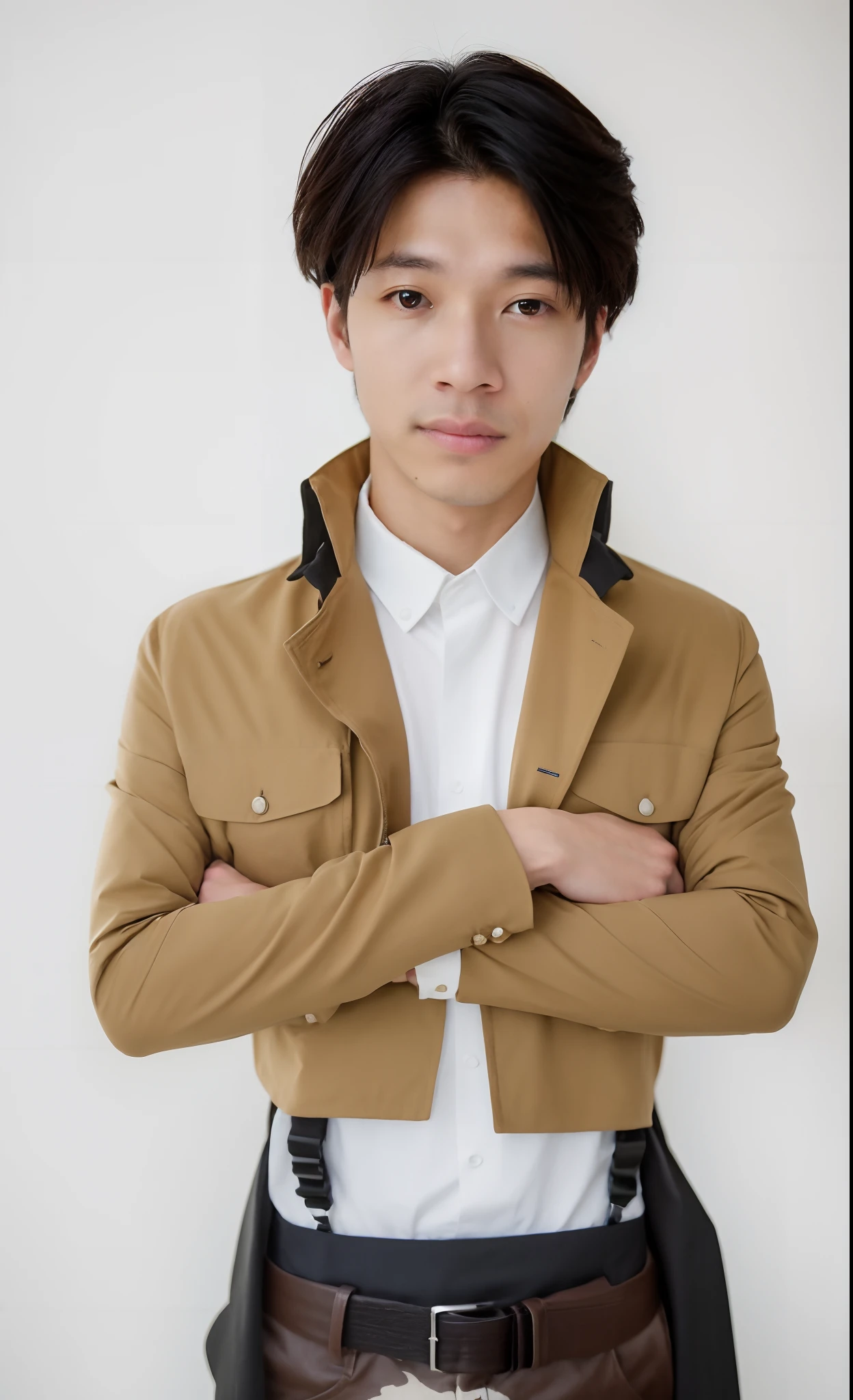 High quality image, masterpiece, detailed hair texture, detailed skin texture, detailed cloth texture, 8k, add fabric details, ultra detailed skin texture, ultra detailed photo, skin pores, cloth details, high skin details, realistic hair details, there is a man with a jacket and tie standing with his arms crossed, he is wearing a trenchcoat, makoto, makoto shinkai ( apex legends ), kentaro miura style, kazuma kaneko, inspired by Raymond Han, makoto shinka, as an anime character, kousuke oono, hsiao-ron, brown jacket