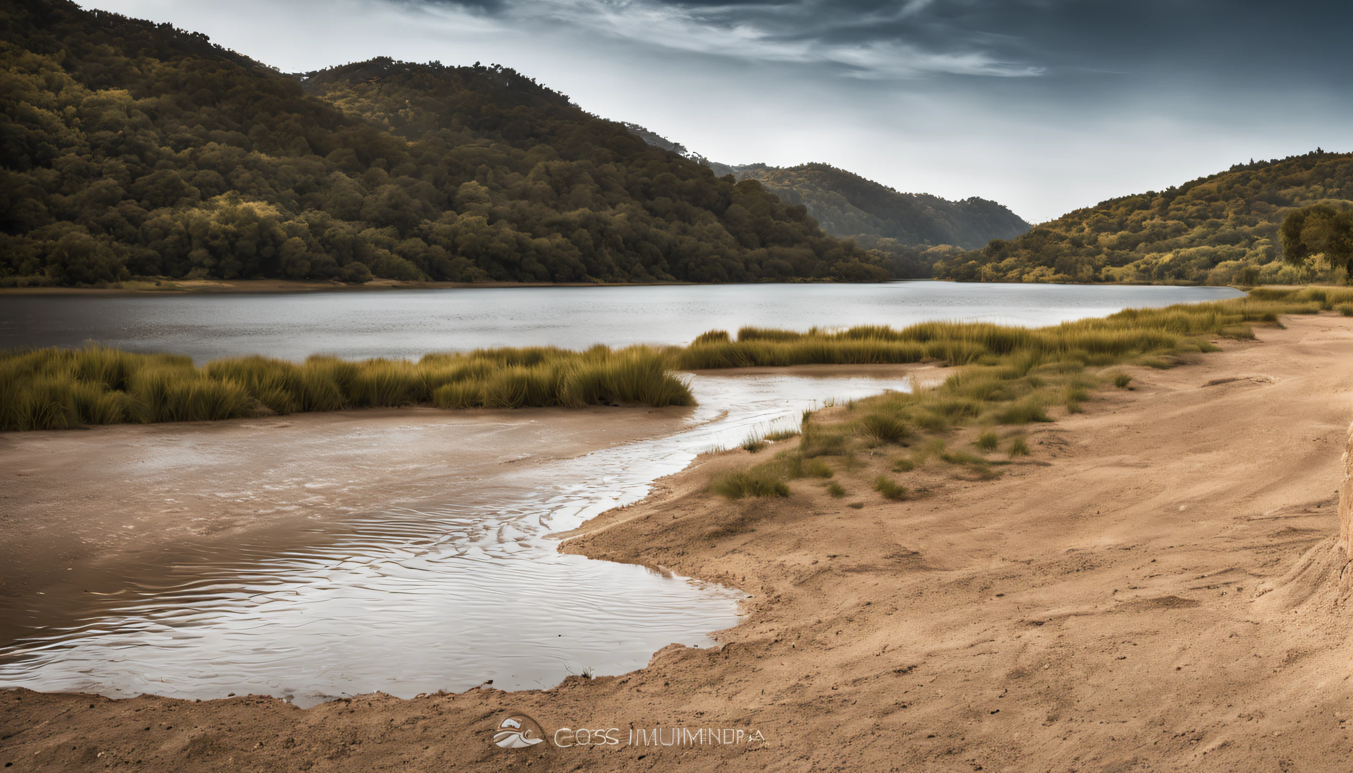 Dry lake and river in hot season without summer rain. Aventura selvagem ao ar livre vibe natureza, FotograFia::4 bem iluminados, foco nítido, alta qualidade, artes, unique, award-winning photography, Canon EOS 5D Mark IV DSLR, F/8, ISO 100, 1 /250 segundos, Close-up, luz natural, proFissional, lisonjeiro, head shoot, Estilo Glibatree::3 preto e branco, Granulado, Empenado, watermark::-2