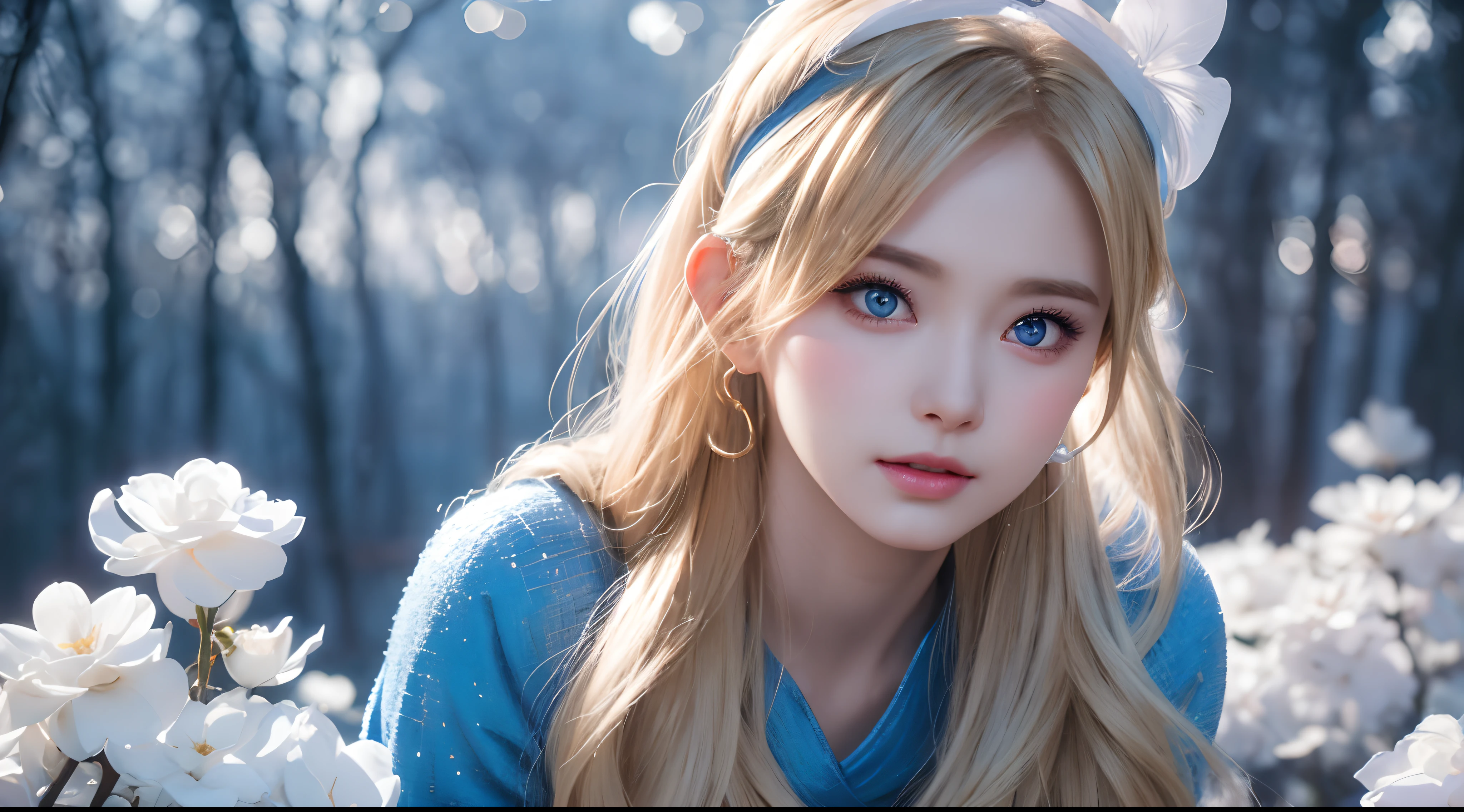 a close up of a woman in a blue dress with a white headband, artwork in the style of guweiz, ig model | artgerm, extremely detailed artgerm, hyper realistic anime, soft portrait shot 8 k, artgerm. anime illustration, in the art style of bowater, blonde - haired princess, 8k artgerm bokeh