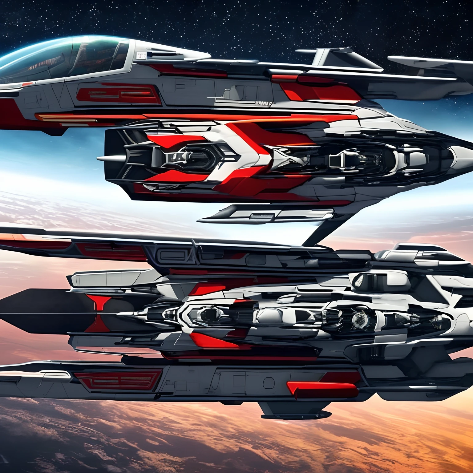 A closeup of a fighter jet with black and white and red stripes, Escuro ( spaceship ), nave estelar futurista, Projeto de naves espaciais, nave espacial scifi, spaceship, alien starship, nave espacial, nave espacial futurista, legendary space ship, hyperspace creature, nave espacial detalhada, Grande nave espacial estranha, planos ascendentes, symmetric!! scientific fiction, Drone Reaver, (matte lighting),(ambiente desfocado),(spaceshooter 2 d), (perfil), (without illumination :1.5) , (estilo revista em quadrinhos :1.2),(manga :1.3)