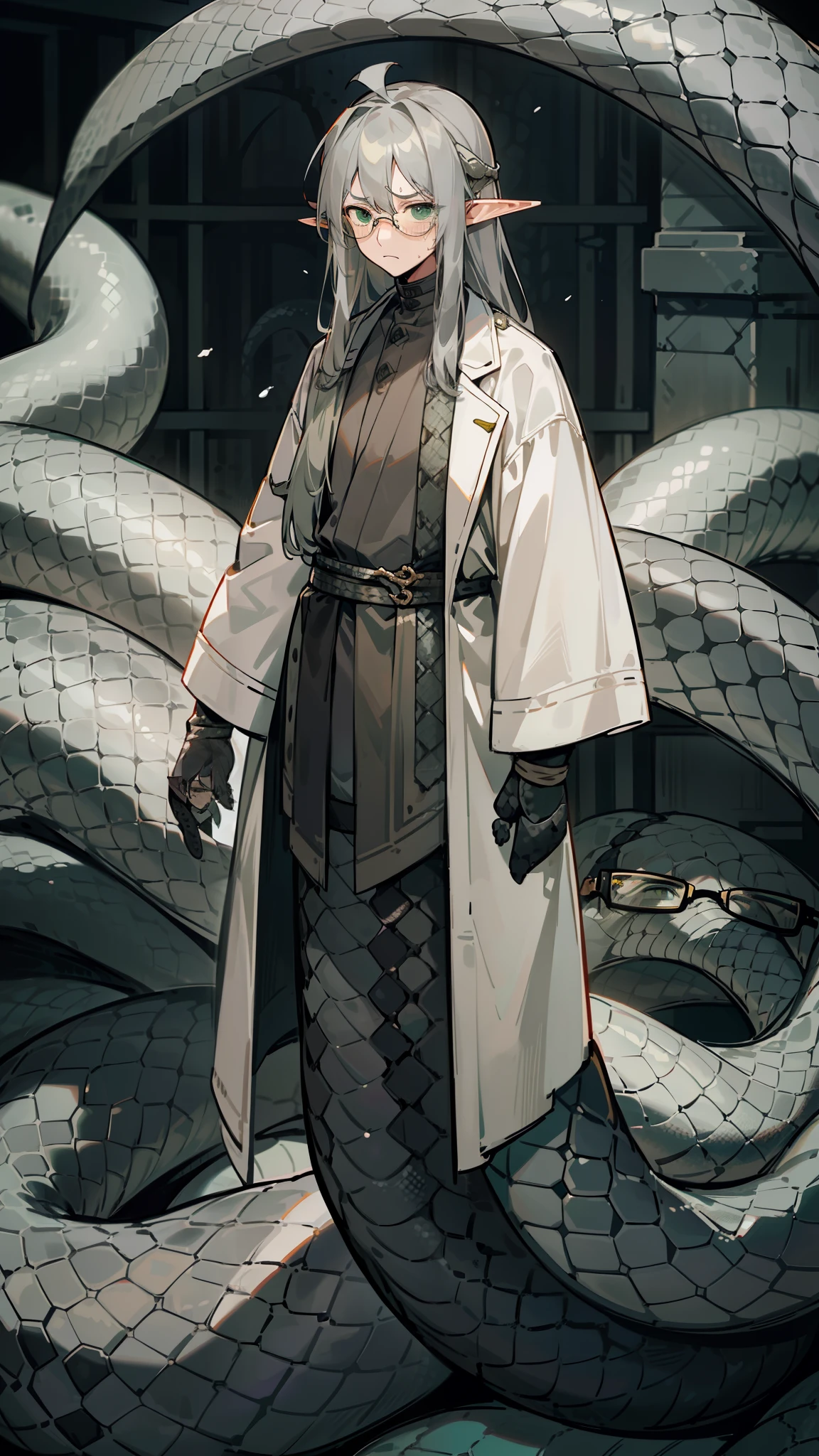 1boy, 40 years old,(solo),(Angry), long hair,disheveled hair,messy hair,elf ear,gray hair,green eyes,((glasses)) tired eyes, no bangs, scientist outfit, white coat, full body,((half gray lamia boy,snake man,black snake scales)),((standing in a cavern))