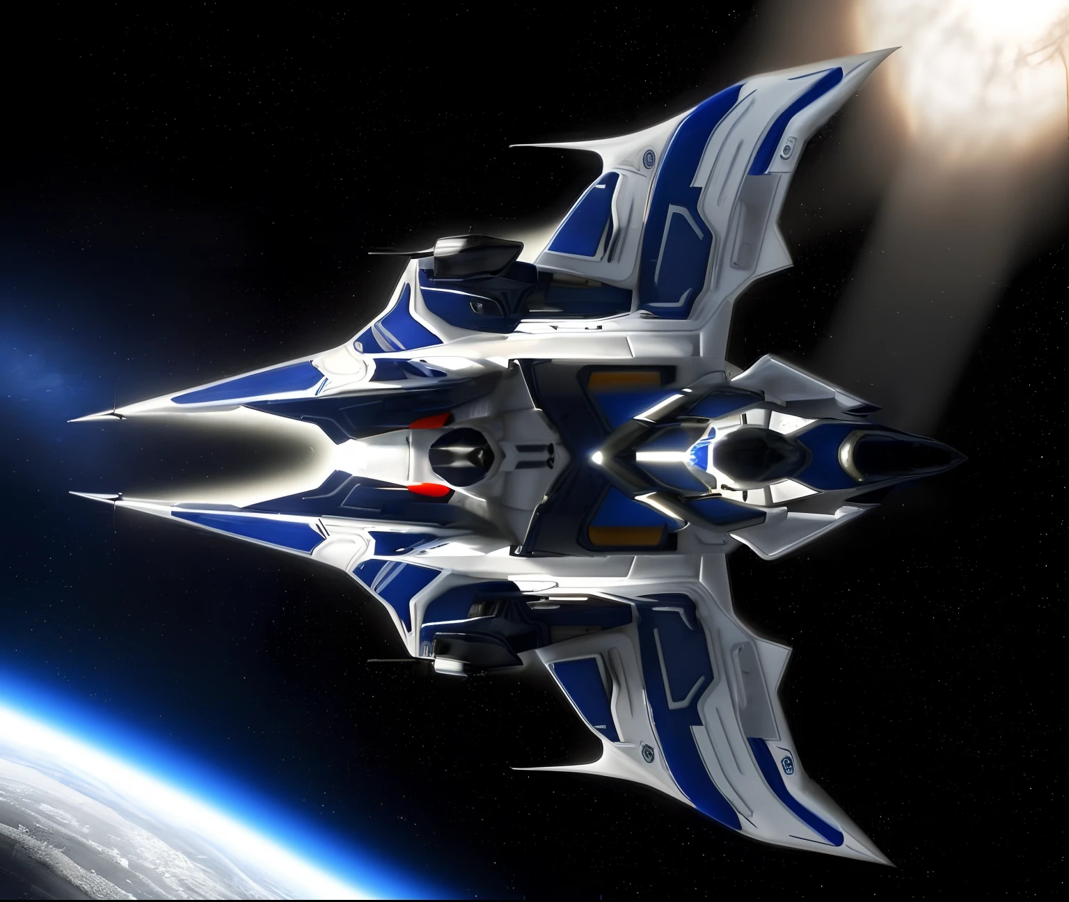 A closeup of a fighter jet with blue and gray and red stripes, Escuro ( spaceship ), nave estelar futurista, Projeto de naves espaciais, nave espacial scifi, spaceship, alien starship, nave espacial, nave espacial futurista, legendary space ship, 5th gen fighter, hyperspace creature, nave espacial detalhada, Grande nave espacial estranha, planos ascendentes, symmetric!! scientific fiction, Drone Reaver, (matte lighting),(ambiente desfocado),(spaceshooter 2 d), (perfil), (without illumination :1.5), (imagem estatica)