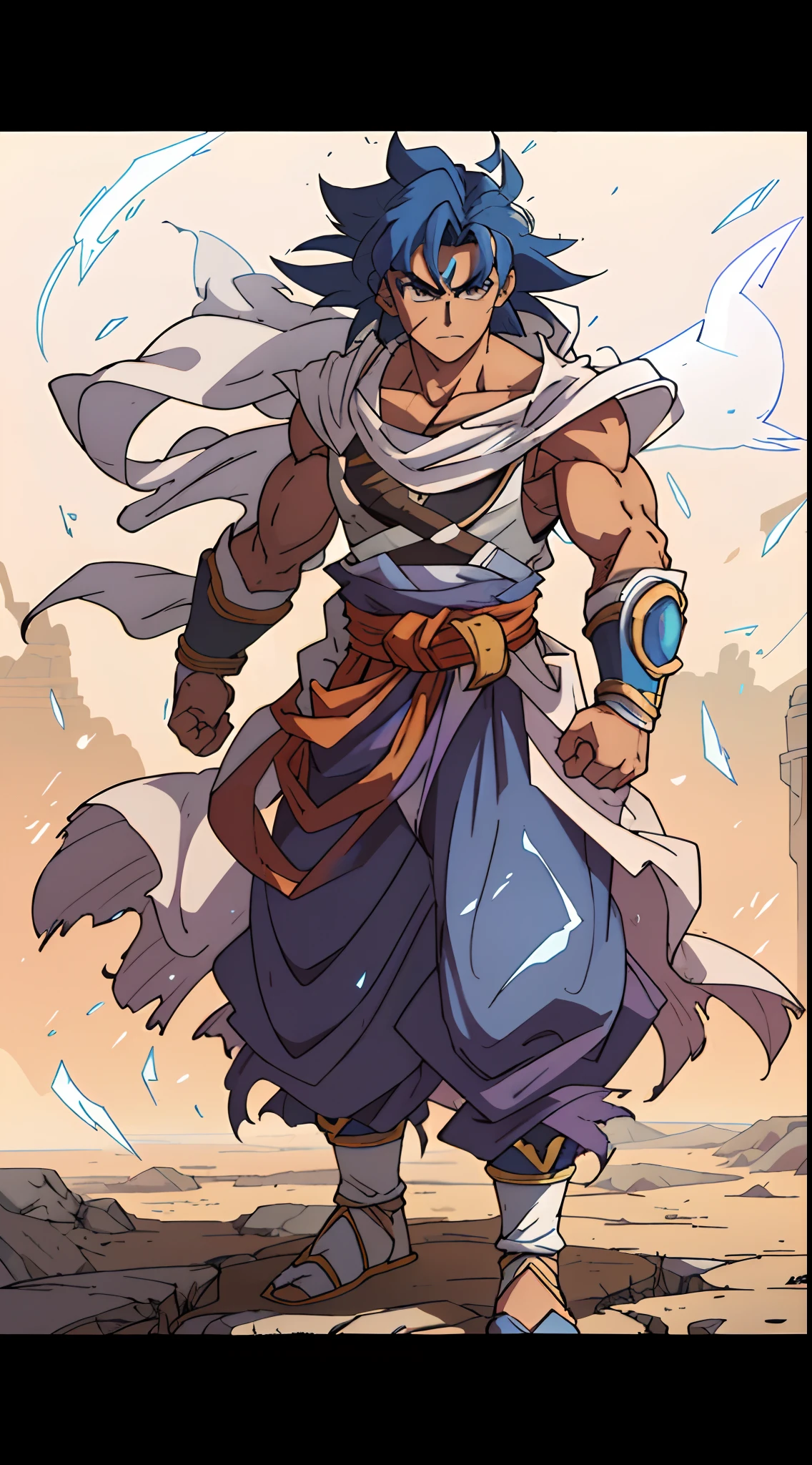 a cartoon of a man with a blue outfit, desert fighter ancient mage, handsome prince of persia, broly, muscular character, djinn human hybrid, anime character, gentleman, powerful stance, human goku, handsome guy in demon slayer art, muscular male hero, powerful warrior, arabian samurai, highly detailed anime character art, detailed body, detailed face, detailed eyes, details 2d anime artwork style