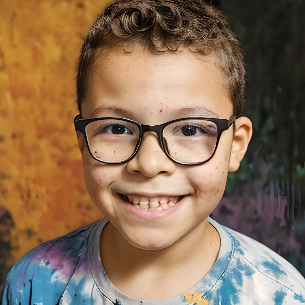 gittonerdvision10, Arafed boy with glasses and a tie dye shirt smiling, retrato cores felizes, retrato colorido, sorrisos e cores, totalmente coberto de tinta colorida, garoto feliz, Retrato feito de tinta, color photograph portrait 4k, foto de retrato, rosto pintado, retrato pintado centralizado, bonito, Tinta splatter, retrato pintado centrado no lado, retrato de personagem pintado, pintura facial, foto retrato
