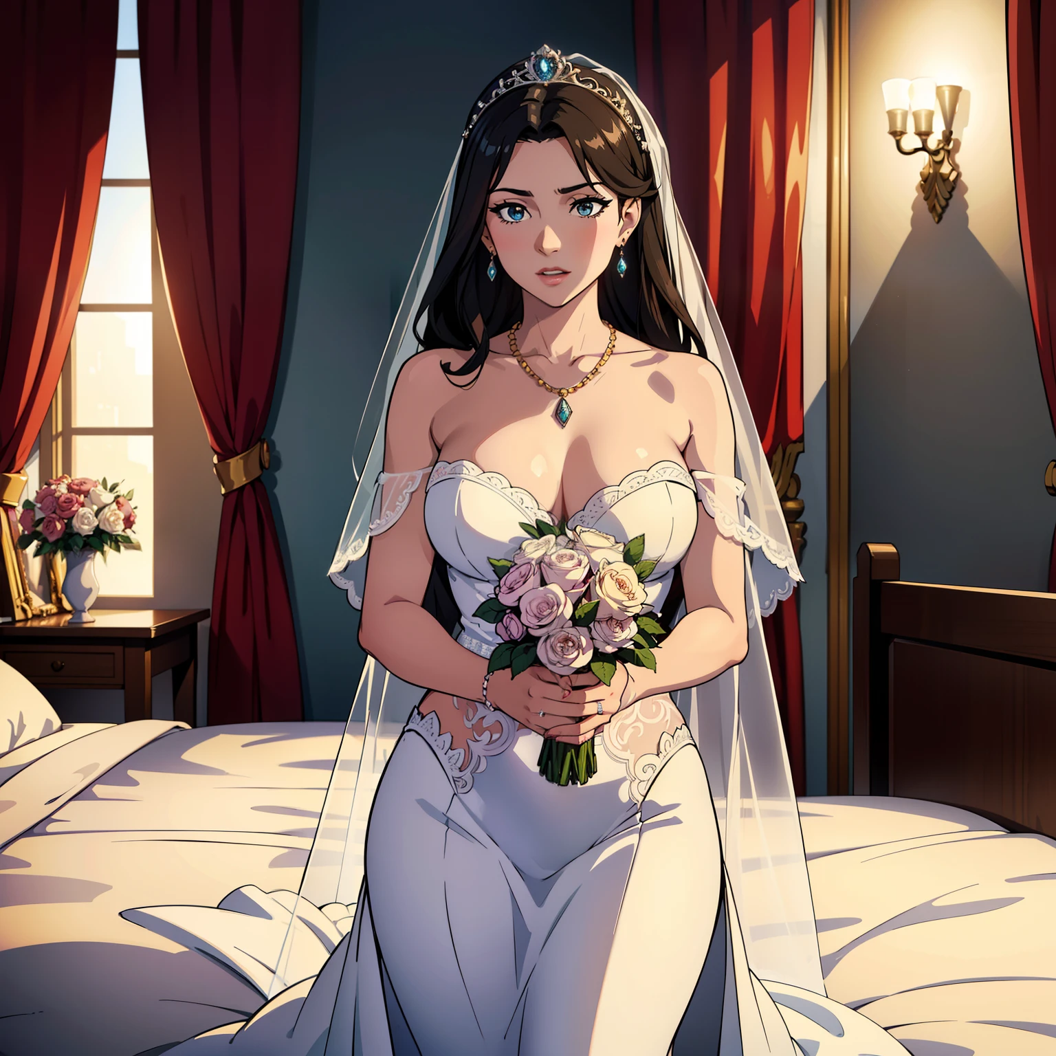 Hyper realistic super detailed sexy woman, Une fille confiante, NSFW, Very detailed, expressions faciales sexy, seductive facial expressions, [:(Face detail: 1.4): 0.4], 16K resolution, 4k resolution, dinamic lighting, High definition resolution, (sexy pose, Position attrayante), (hyper realistic: 1.4), (back light: 1.2), (sun light: 1), (pleine hauteur: 1.8),(contrasting background: 1.5), (Anatomy of the hyperrealistic arm), (Hyperrealistic anatomy of the legs), (peau propre), (lighting cinematic: 1.7), (intime), (Technologie NVIDIA RTX Ray Tracing), (Anatomy of the hyperrealistic arm: 2), (Ventre plat parfait), (image couleur),Create a masterpiece in 4K resolution, ultra-realistic, and extremely detailed, featuring an alluring young bride with a captivating physique and attractive bridal attire. The bride is the central character in the artwork, radiating joy and elegance. She stands in a beautifully decorated bedroom, with soft, natural light streaming in through the curtains, creating an intimate and enchanting atmosphere.

The alluring young bride possesses a captivating beauty. Her wedding gown is a true showstopper, with intricate lace, delicate embroidery, and a figure-hugging silhouette. She wears a veil that partially covers her face, adding an air of mystery. Her bouquet of fresh flowers is held gently in her hands.

Her physique is alluring, with graceful curves that complement the elegant lines of her bridal attire. Her hair is styled to perfection, with flowing locks that frame her face. Her makeup is tastefully done, enhancing her natural beauty. She wears sparkling jewelry that accentuates her allure, including a necklace, earrings, and a tiara.

The bedroom is tastefully decorated for the occasion, with floral arrangements and romantic touches. The bed is adorned with fine linens and decorative pillows. Soft candlelight or warm ambient lighting enhances the intimate setting
