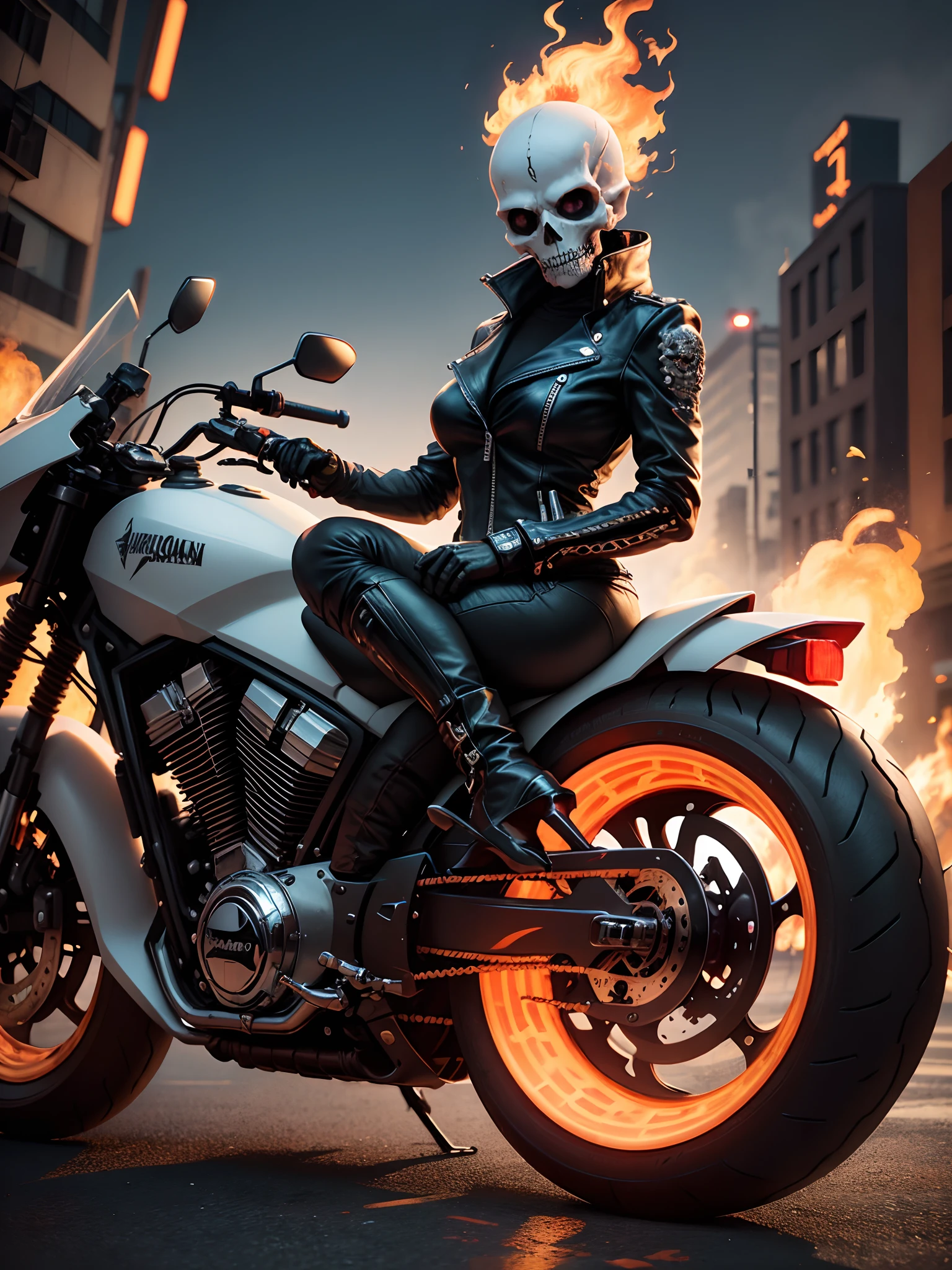 skull woman, 25 years old, ghost biker style, a supernatural anti-hero character in comics published by Marvel Comics, appears with the head of a skeleton on fire, She drives a motorcycle that is also on fire, tight leather clothes, full body , (flaming motorcycle: 1.5 ), ((best quality)), ((Selected: 1.4)) super resolution, Cinematic lighting, (New York: 1.3), (flaming skeleton head: 1.3), ultra realistic, . .....RAW, (realism: 1.5), (Realisitc: 1.4), (Absurdity: 1.4), 8k, ultra-detailed, detailed, (One: 1.4), (viewer: 1.3), HD4