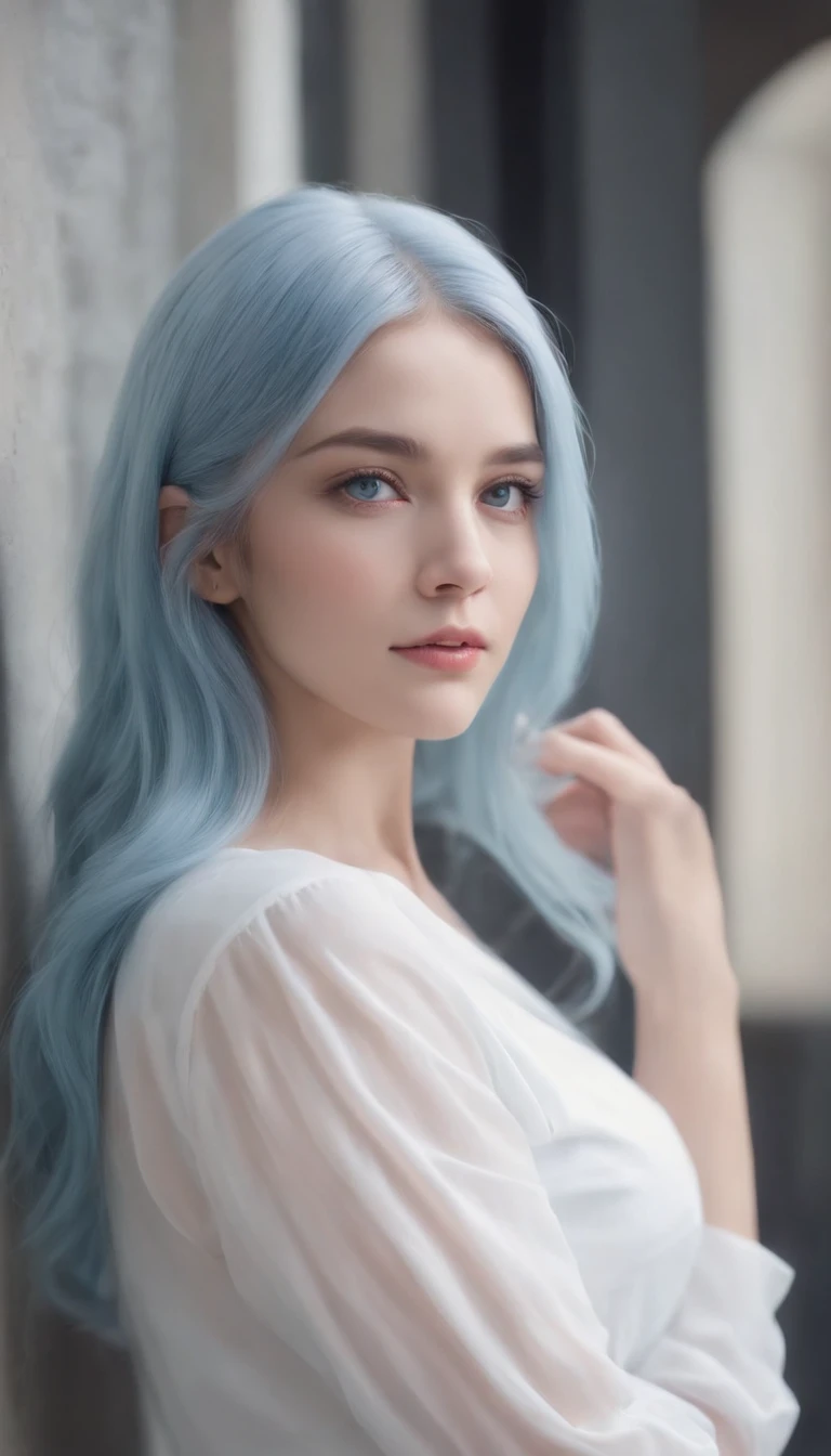 ((Masterpiece)), (Best quality), (Detailed), (1girll), (Internal data flow) Light blue gradient hair, light blue glowing eyes, beautiful face, Straight long hair, Wearing a modern white shirt and black dress, Data particle override, Lock around the neck