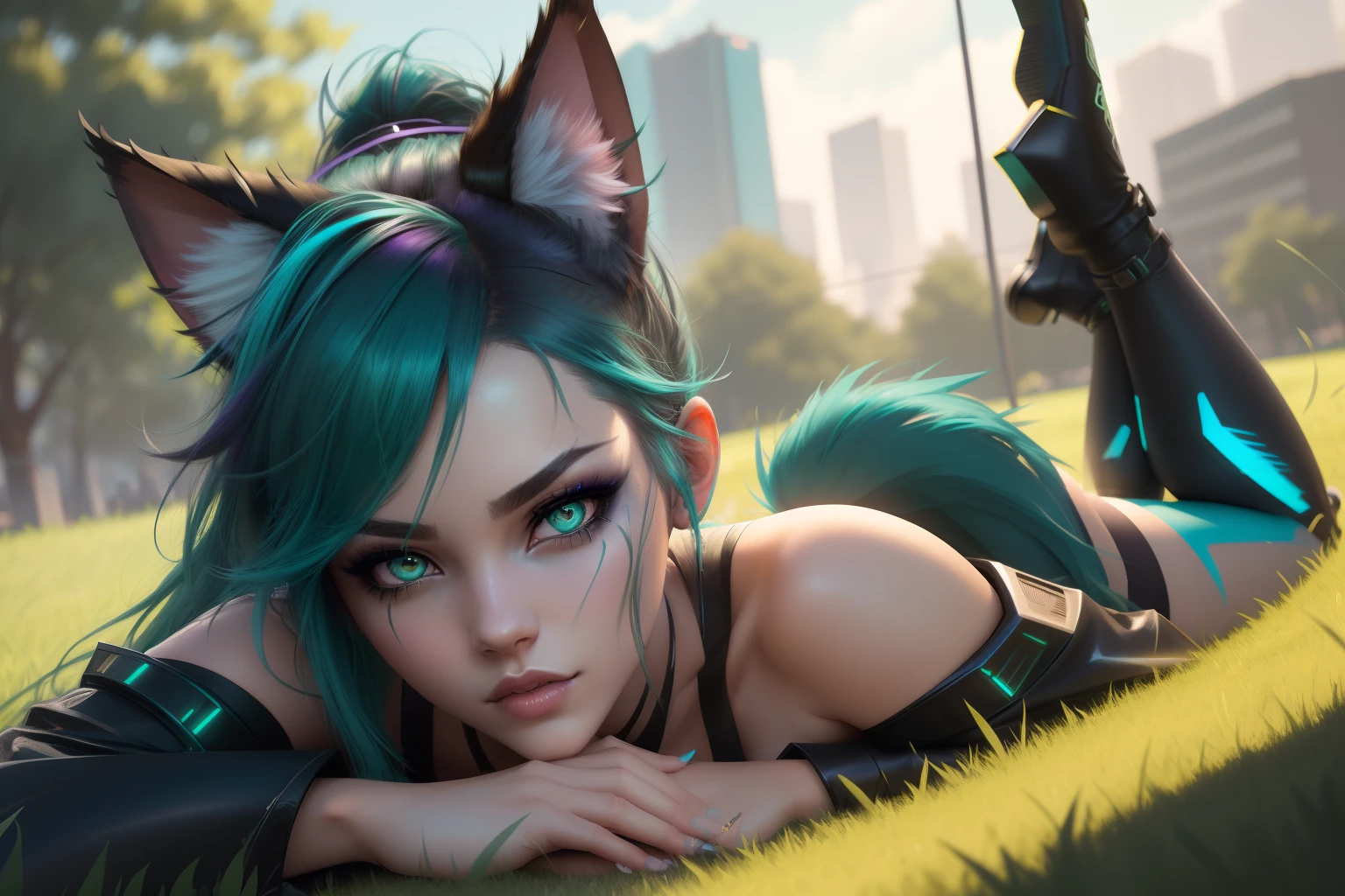 skinny, perfect body, cat ears, elf, secret laboratory, genetic experiments, naked, nude, no clothes, cyberpunk, elf girl, cat ears, neon green hair, wings, electronic wings, cute face, city, lightning strike, dramatic, bikini, cyber robot companion sphere, a cute elf girl, cute face, on a beach, lying down, cat ears, neon red and black hair, extreme abs, lens flare, beautiful scene, cluttered scene, sea shells, palm trees, ornamental, detailed, spirit animal, glowing, starlight, divine, complex scene