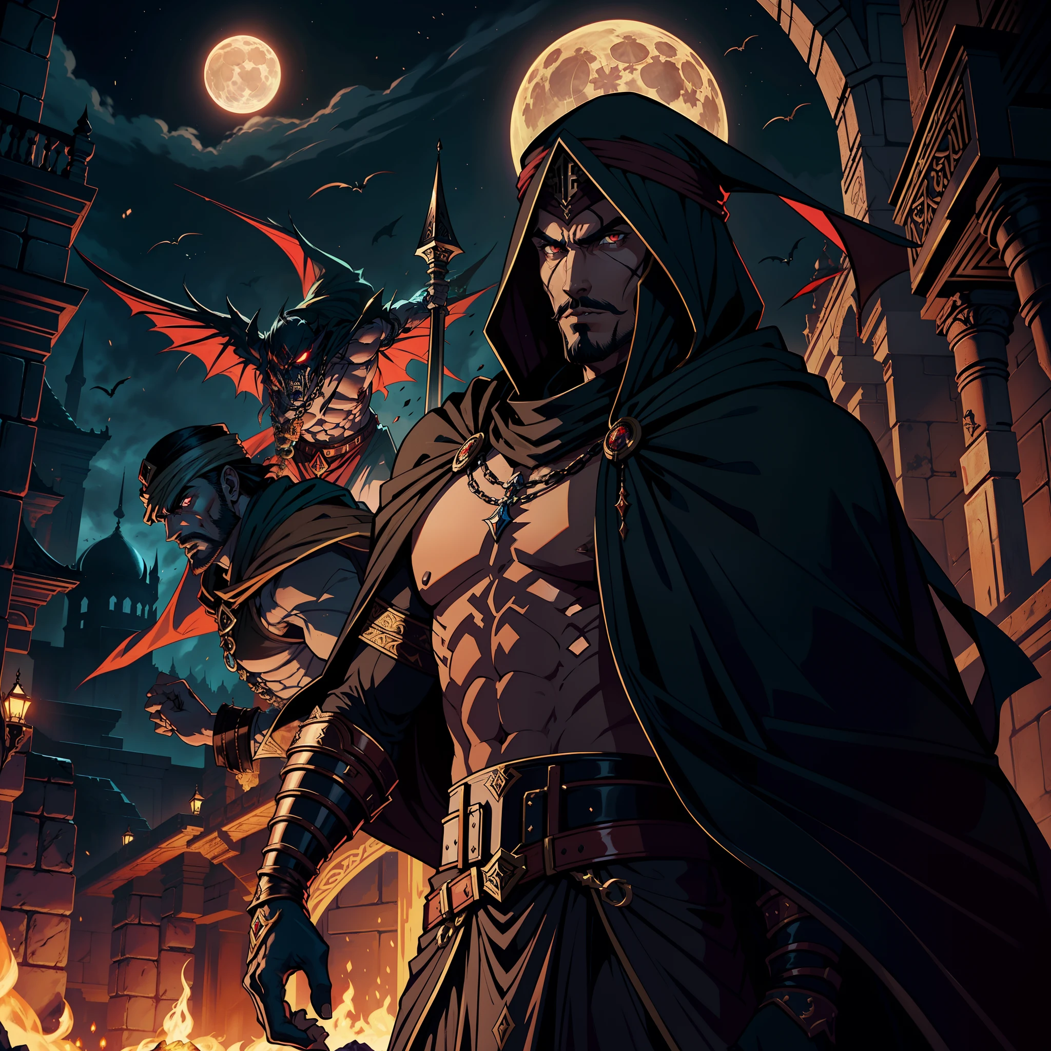 Castlevania Lord of Shadows Handsome Arab Man with Arab Moroccan Turban Scary Legendary Face Ferochyper Realistic Super Detailed Arabian moroccan handsome muscular Lord Dracula leading troops army of djinns to battle War battle atmosphere of the Infernal Moon Hyper Realistic Super Detailed Dynamic Shot Master Cutscenes Legendary Scenes Epic Movie