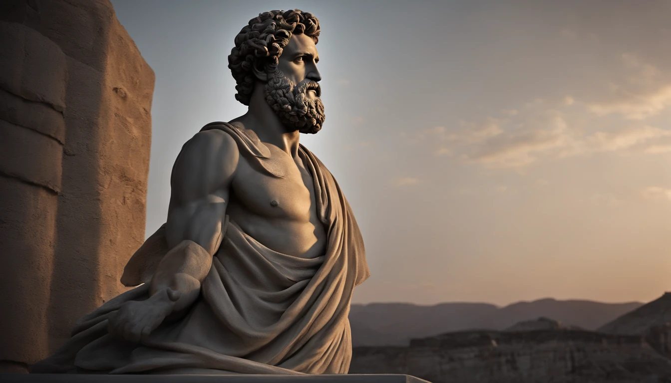 Please create a highly realistic image of a statue of a muscular, bearded Greek man named Marcus Aurelius that represents the image of a philosopher. The statue must be meticulously detailed, accurately capturing the muscles, beard and facial features. The background of the image should be black or gray to emphasize the figure of the statue. Please ensure the highest image quality available to create a realistic and impressive representation.