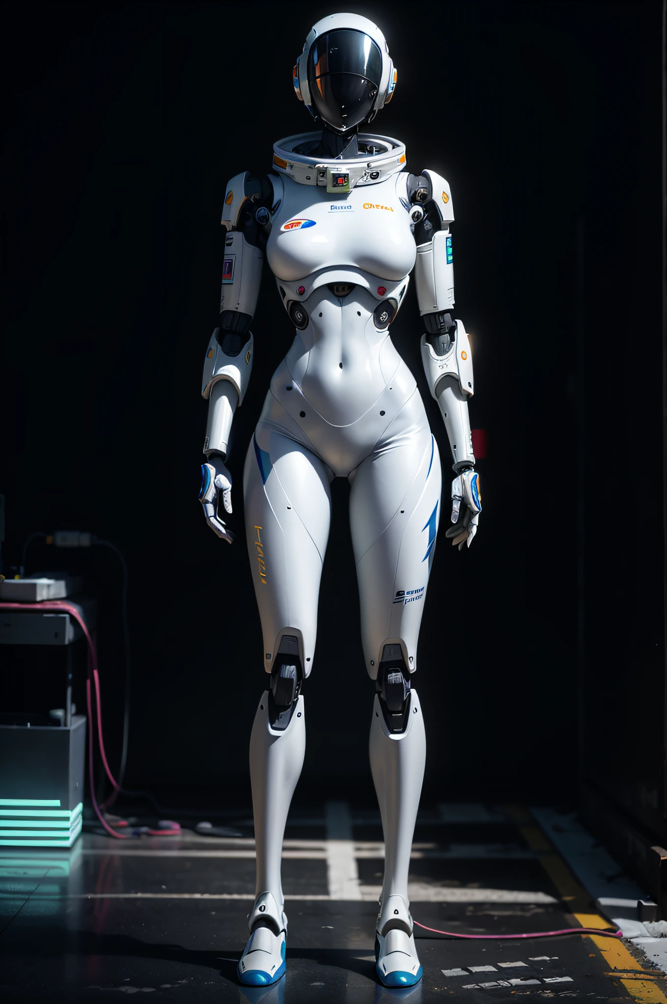 a close up of a person in a white body suit, fullbodysuit, on a mannequin. high resolution, cybersuits, futuristic robot body, diverse medical cybersuits, laserpunk fullbodysuit, robotic body, science fiction suit, humanoid robot from ex machina, full body robot with human mask, varia suit, humanoid body, Versatile and solid, no gender, character size - human, colors are dark shades, no face, robot, minimalism, astronaut head
,hightech_robotics