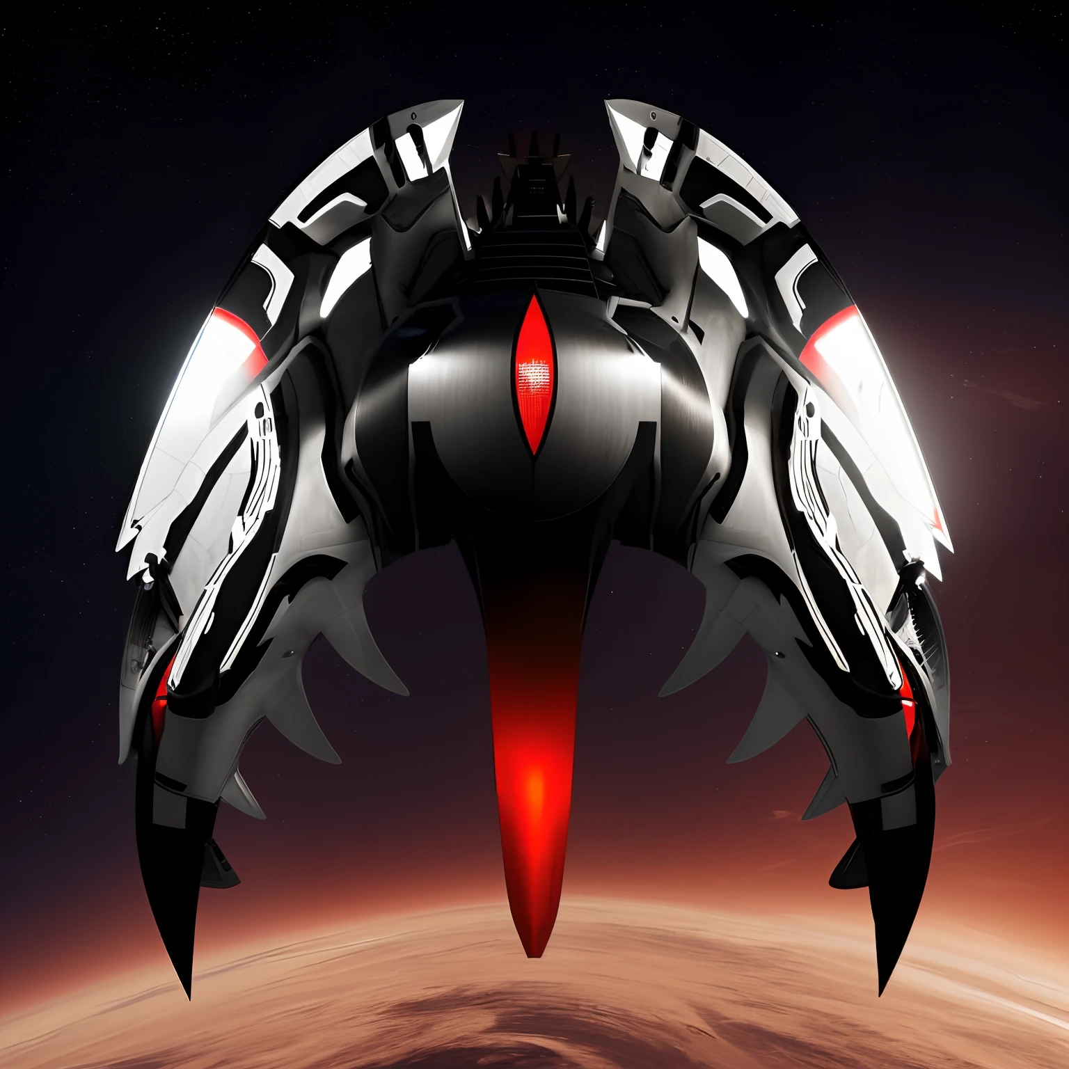 A closeup of a fighter jet with black and white and red stripes, Escuro ( spaceship ), nave estelar futurista, Projeto de naves espaciais, nave espacial scifi, spaceship, alien starship, nave espacial, nave espacial futurista, legendary space ship, 5th gen fighter, hyperspace creature, nave espacial detalhada, Grande nave espacial estranha, planos ascendentes, symmetric!! scientific fiction, Drone Reaver, (matte lighting),(ambiente desfocado),(spaceshooter 2 d), (perfil), (Static and matte lighting)