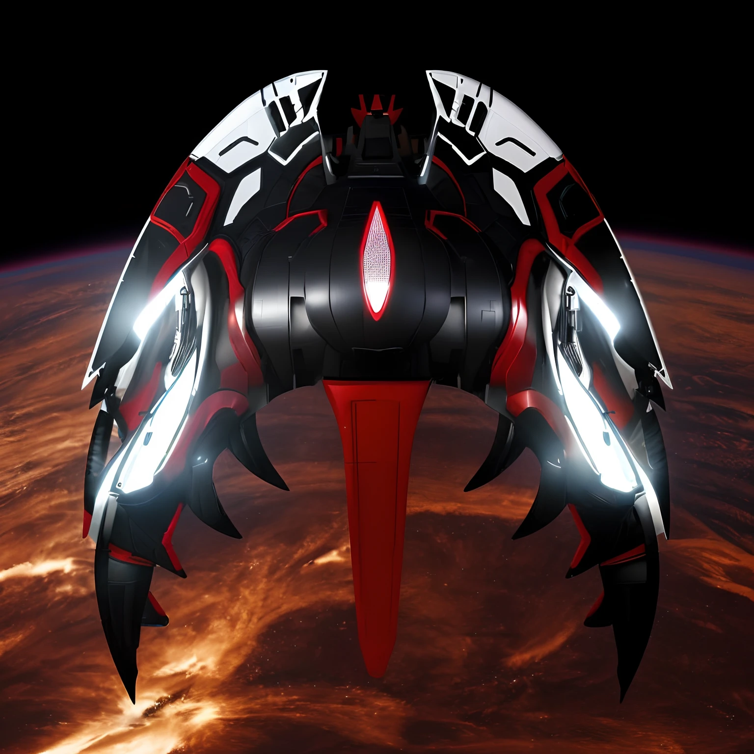 A closeup of a fighter jet with black and white and red stripes, Escuro ( spaceship ), nave estelar futurista, Projeto de naves espaciais, nave espacial scifi, spaceship, alien starship, nave espacial, nave espacial futurista, legendary space ship, 5th gen fighter, hyperspace creature, nave espacial detalhada, Grande nave espacial estranha, planos ascendentes, symmetric!! scientific fiction, Drone Reaver, (matte lighting),(ambiente desfocado),(spaceshooter 2 d), (perfil), (Static and matte lighting)