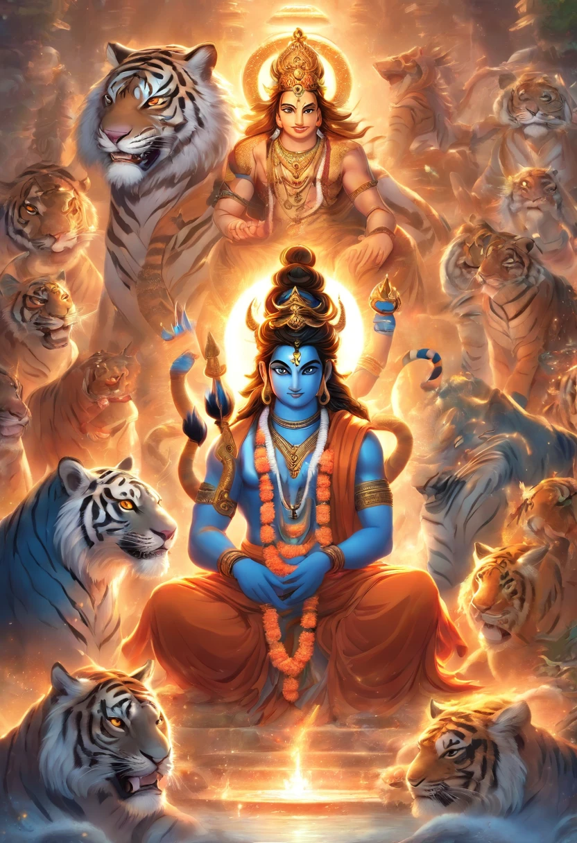 Seated on a lion Lord Ganesh with lord Shiva and lord Shakti, leg near rat