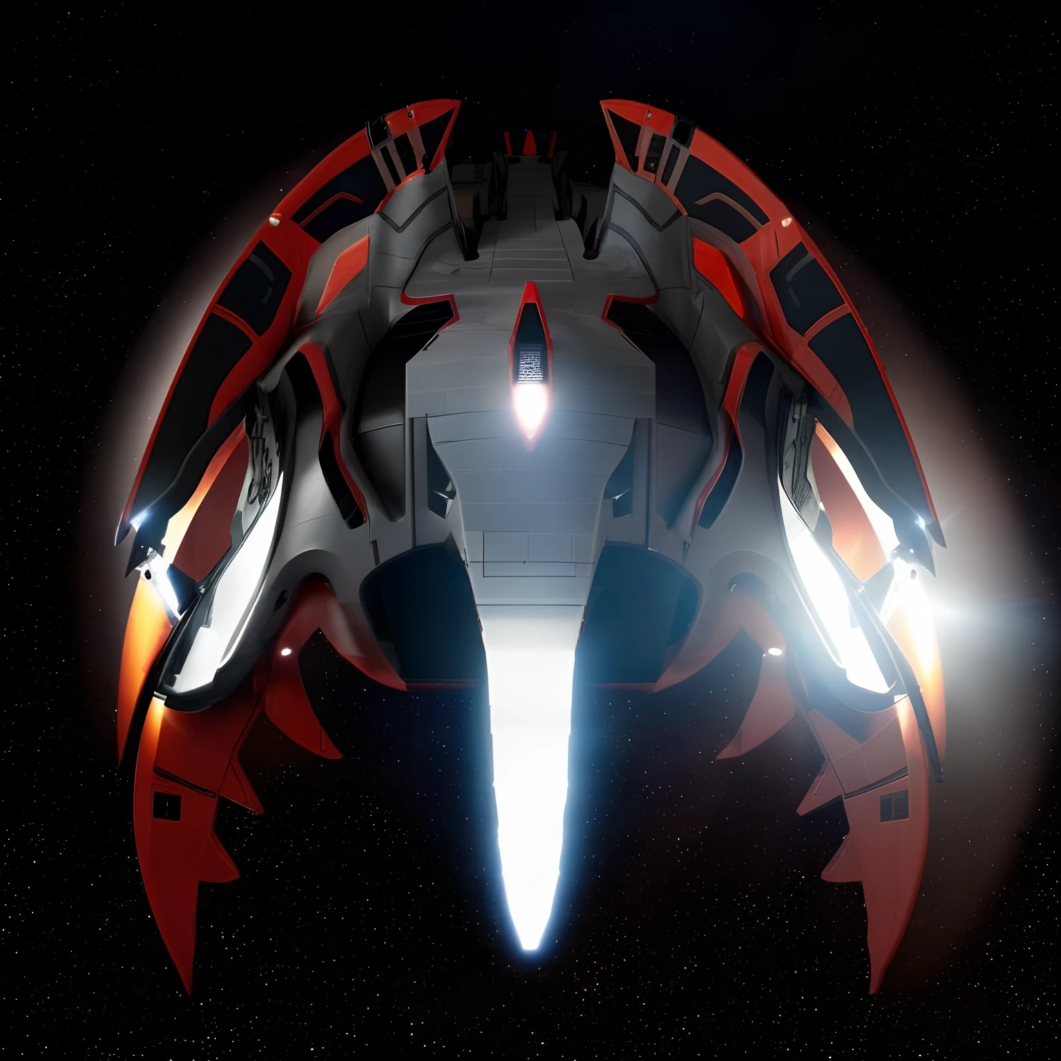 A closeup of a fighter jet with black and white and red stripes, Escuro ( spaceship ), nave estelar futurista, Projeto de naves espaciais, nave espacial scifi, spaceship, alien starship, nave espacial, nave espacial futurista, legendary space ship, 5th gen fighter, hyperspace creature, nave espacial detalhada, Grande nave espacial estranha, planos ascendentes, symmetric!! scientific fiction, Drone Reaver, (matte lighting),(ambiente desfocado),(spaceshooter 2 d), (perfil), (Static and matte lighting)