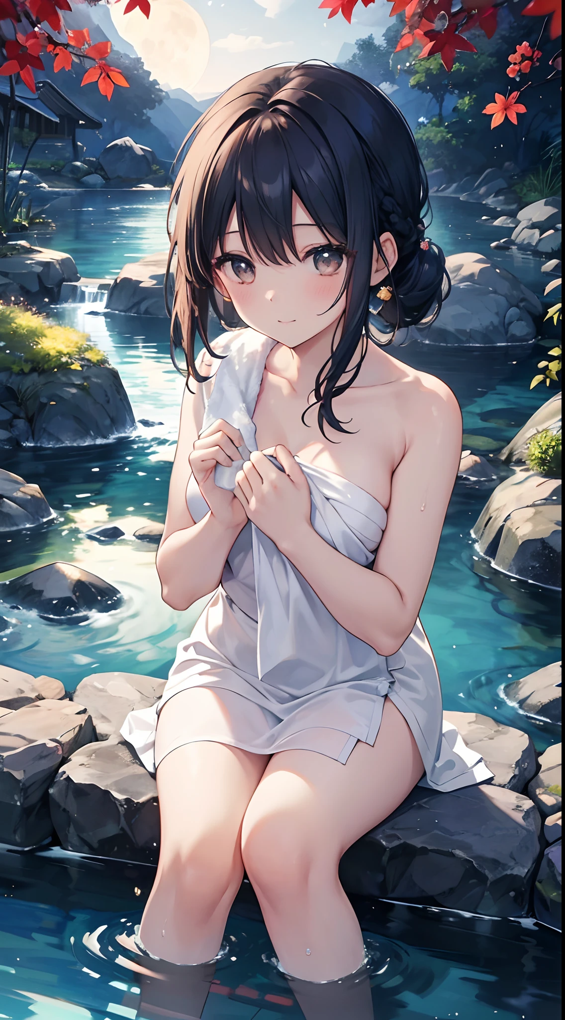 (​masterpiece), (top-quality), Wide Angle, 1girl in, soaking wet, Twin-tailed, blushed, embarrassed, Good hand anatomy, POV, From  above, Sitting, White robe, plein air, Park, Sateen, (Realistic:1.5), 1 girl in, Precise little hands, Embarrassed look, Smile, a very pretty girl, Clear eyes, Shining eyes,