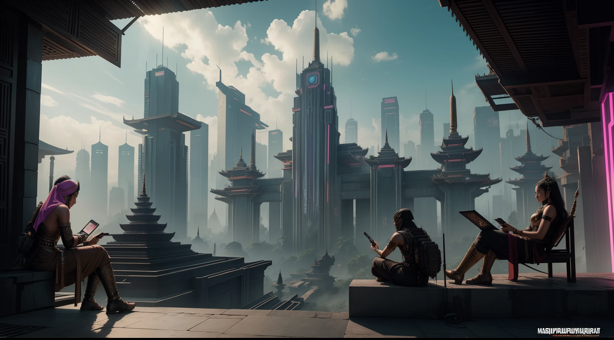 (masterpiece), (Majapahit), (kingdom), (Nusantara), (dystopian), (cyberpunk), The Great Majapahit Empire in the Future, advanced technology, cyberpunk Style, Mix of Traditional and Modern Futuristic, High detailed, hyper realistic, View of a Great Kingdom in 2300, Megacity Buildings with neon lights, Flying cars, Javanese Architecture mixed with modern technology, photorealism, 8k HD