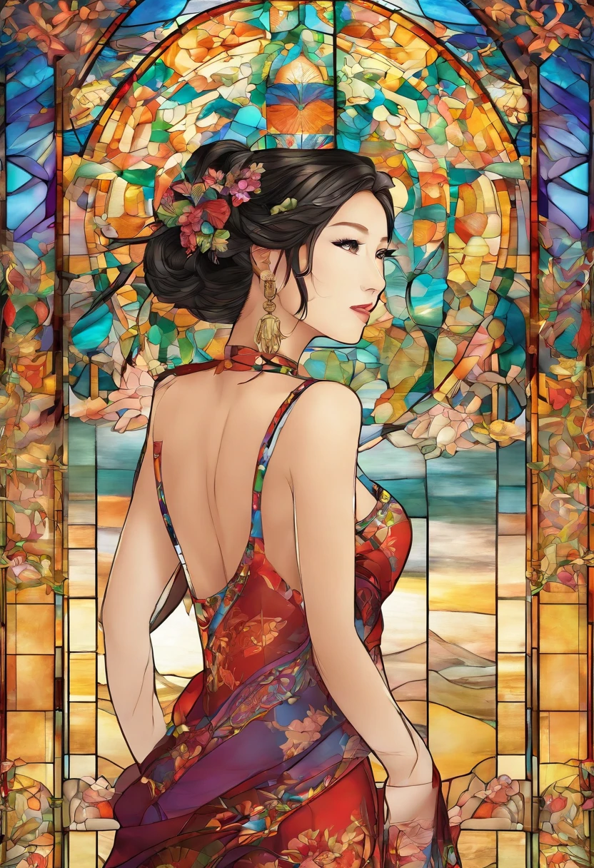 Asian Beautiful girl, Stained Glass, NAKED, best quality, masterpiece, ultra high resolution, (photorealistic:1.4), raw photo, shiny skin, BRIGHT BODY, dramatic lighting, full body, big breasts, exposed breasts, different positions , different poses, different variations