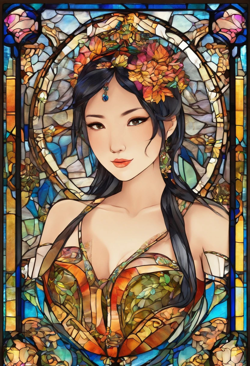 Asian Beautiful girl, Stained Glass, NAKED, best quality, masterpiece, ultra high resolution, (photorealistic:1.4), raw photo, shiny skin, BRIGHT BODY, dramatic lighting, full body, big breasts, exposed breasts, different positions , different poses, different variations