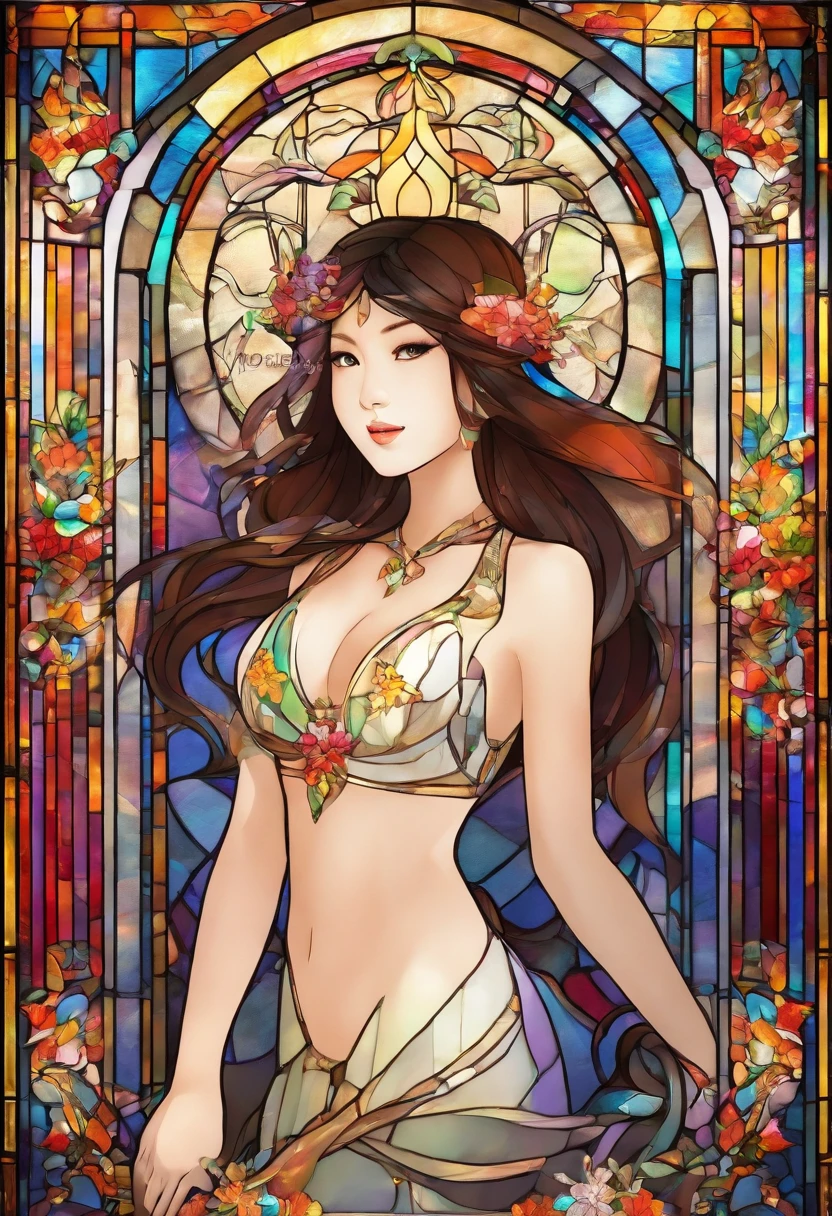 Asian Beautiful girl, Stained Glass, NAKED, best quality, masterpiece, ultra high resolution, (photorealistic:1.4), raw photo, shiny skin, BRIGHT BODY, dramatic lighting, full body, big breasts, exposed breasts, different positions , different poses, different variations